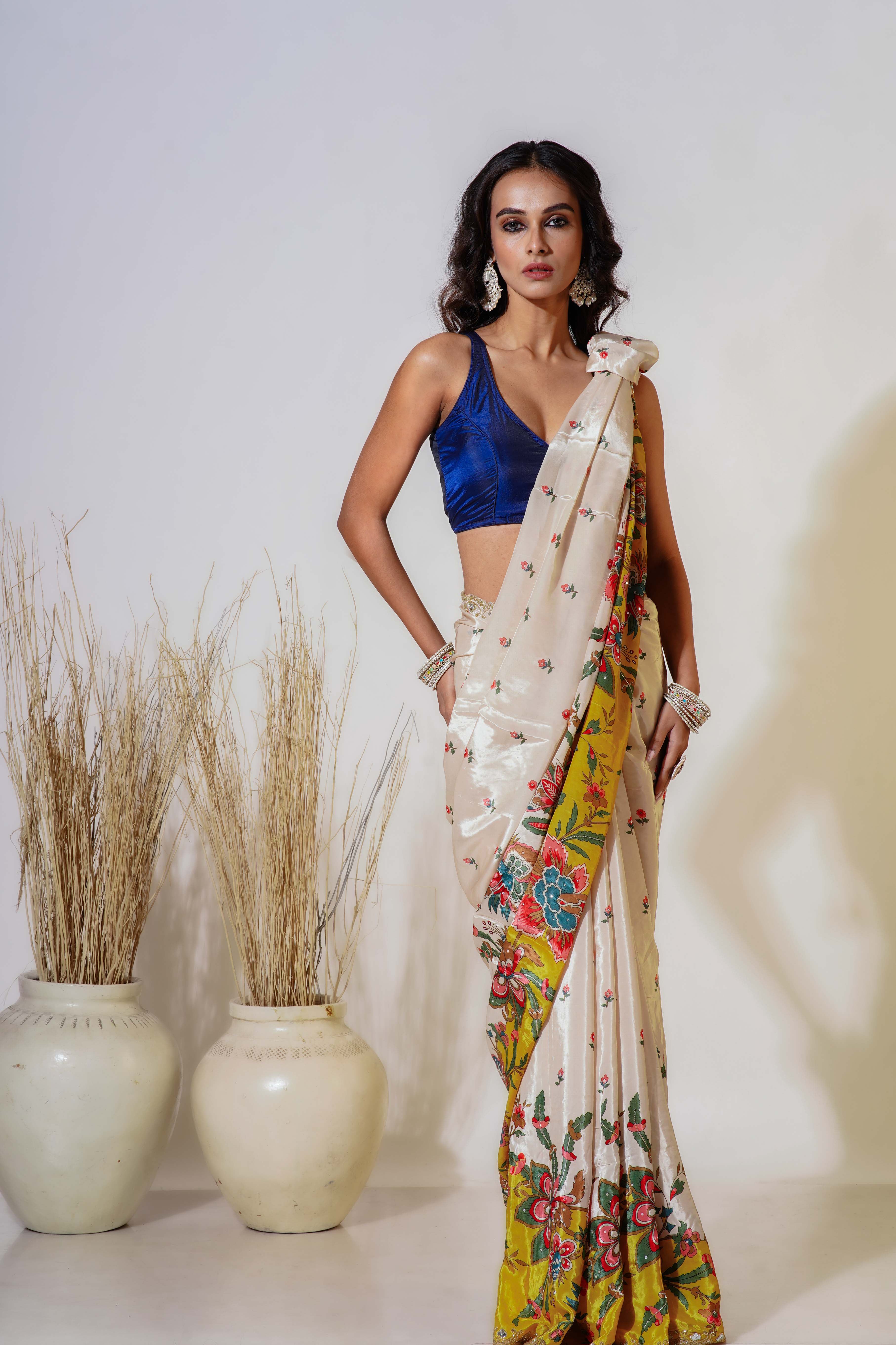 Yellow and Offwhite Satin  Saree With Blouse Piece