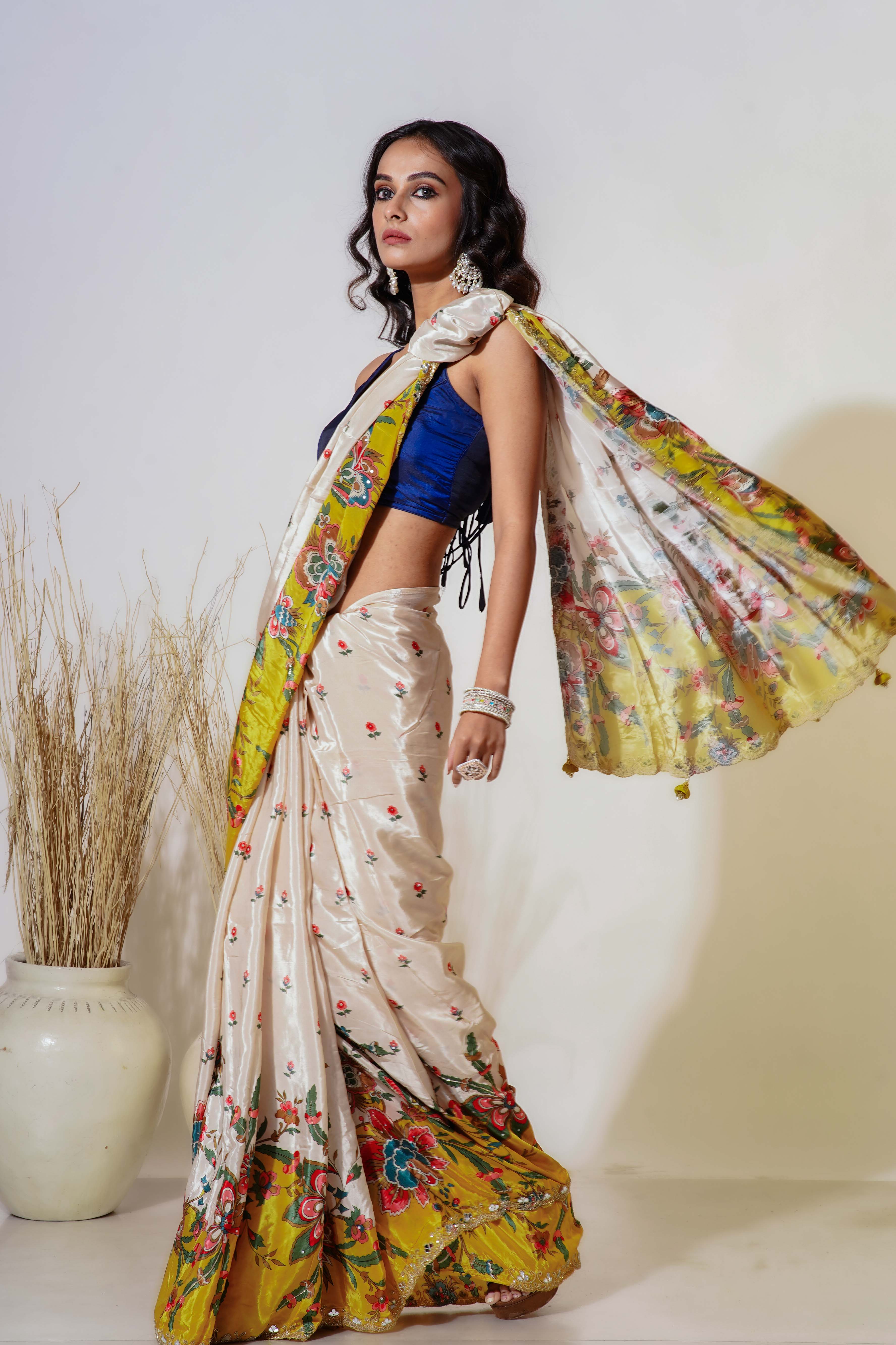 Yellow and Offwhite Satin  Saree With Blouse Piece