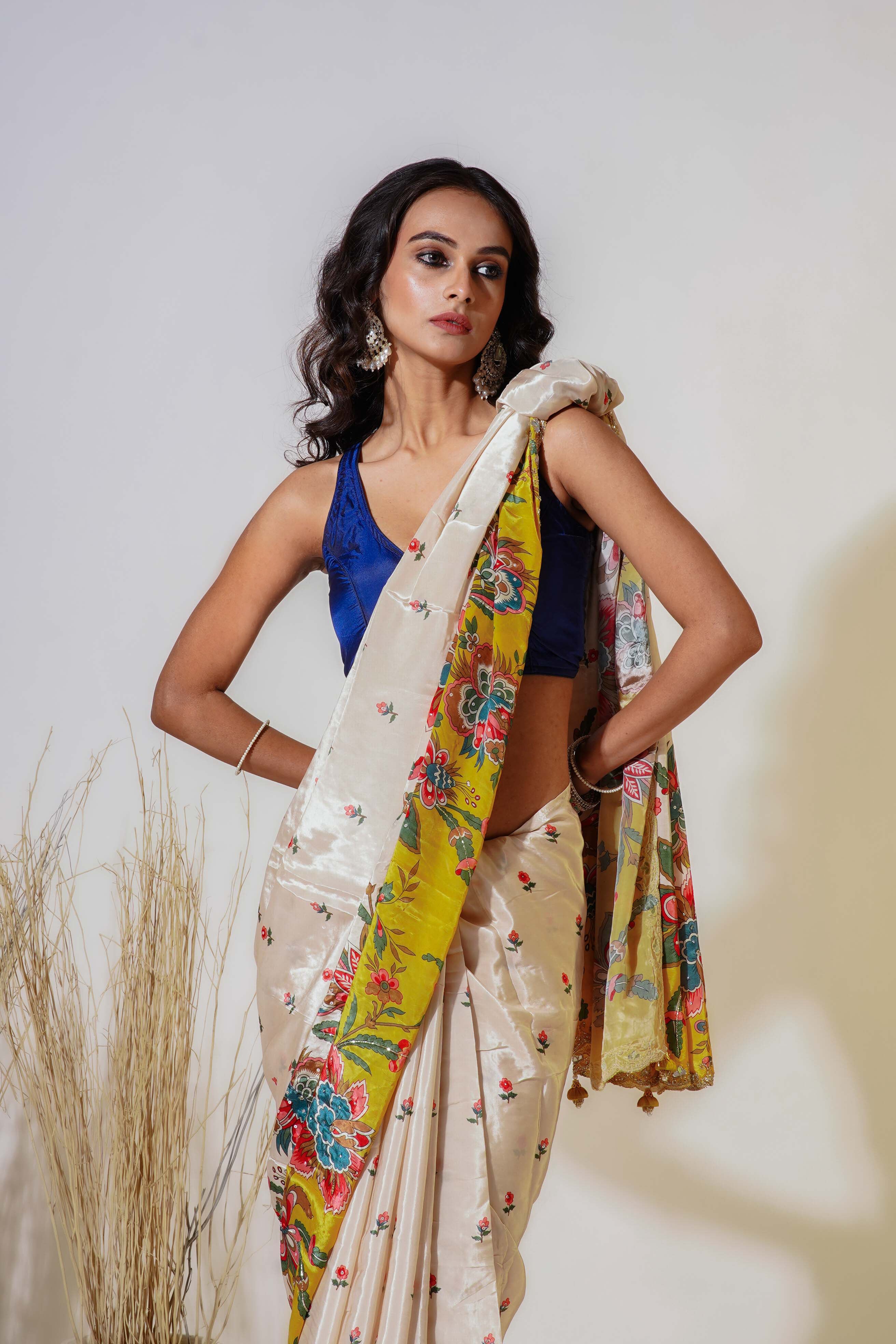 Yellow and Offwhite Satin  Saree With Blouse Piece