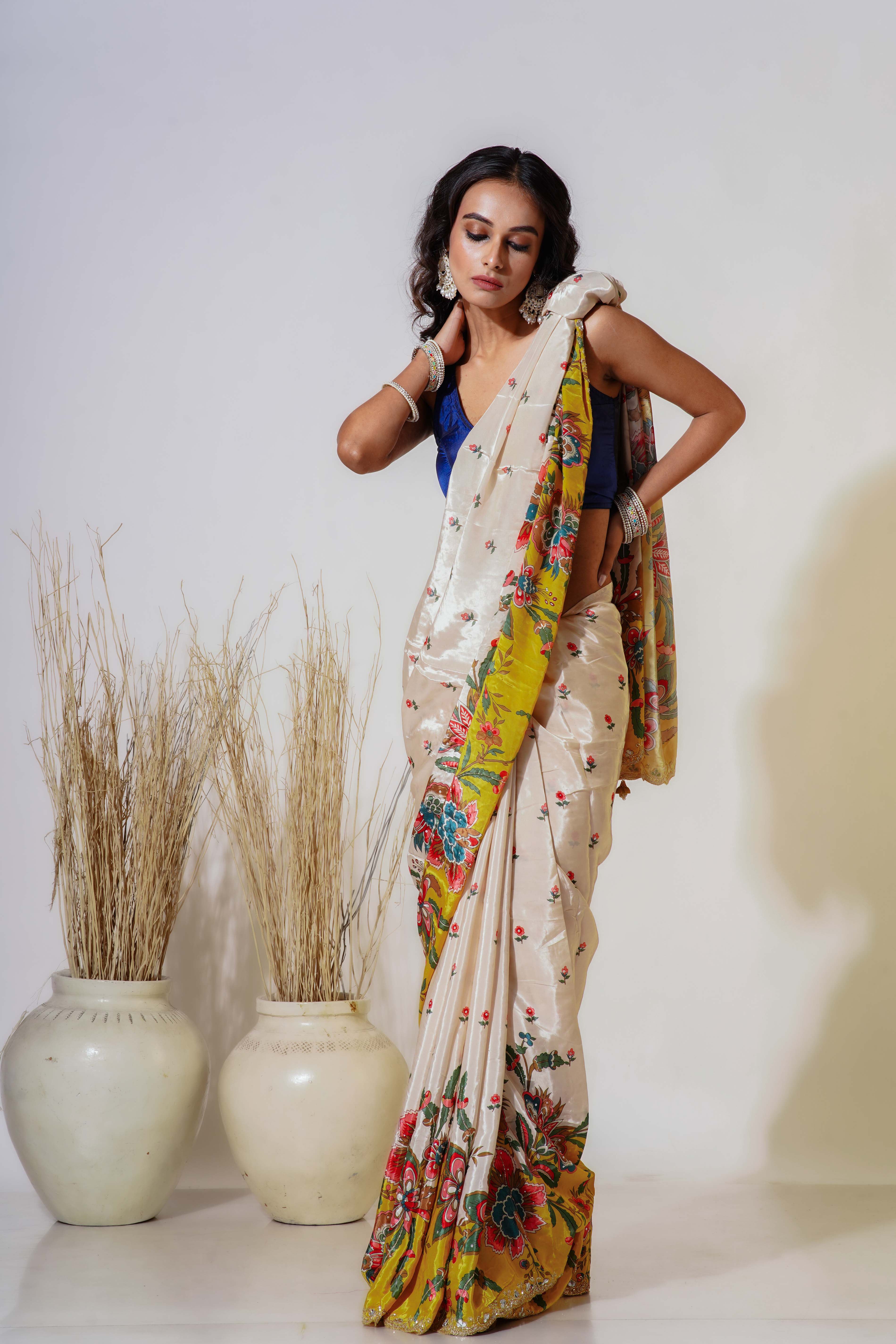 Yellow and Offwhite Satin  Saree With Blouse Piece