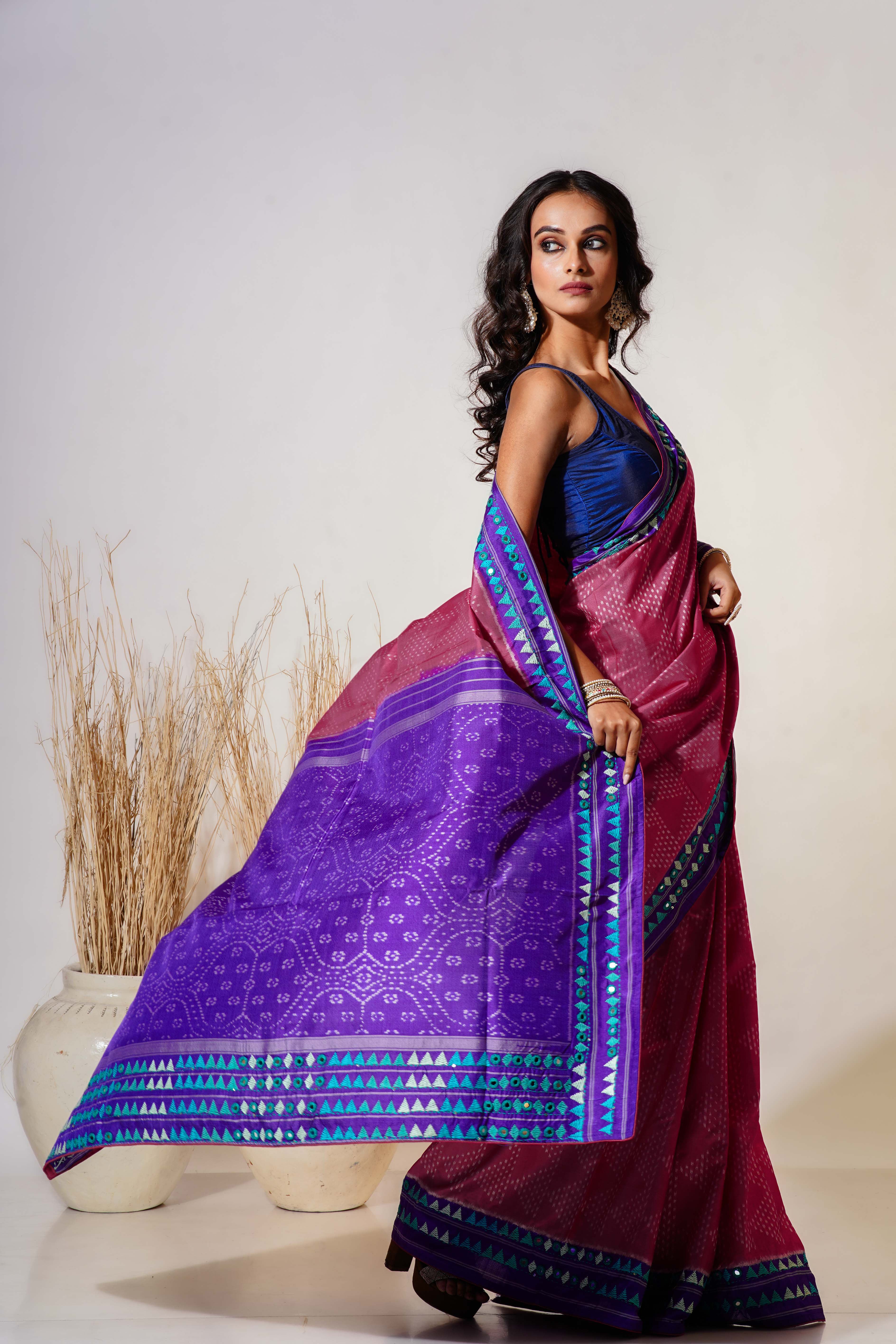 Purple and Pink Silk Patola Saree With Blouse Piece