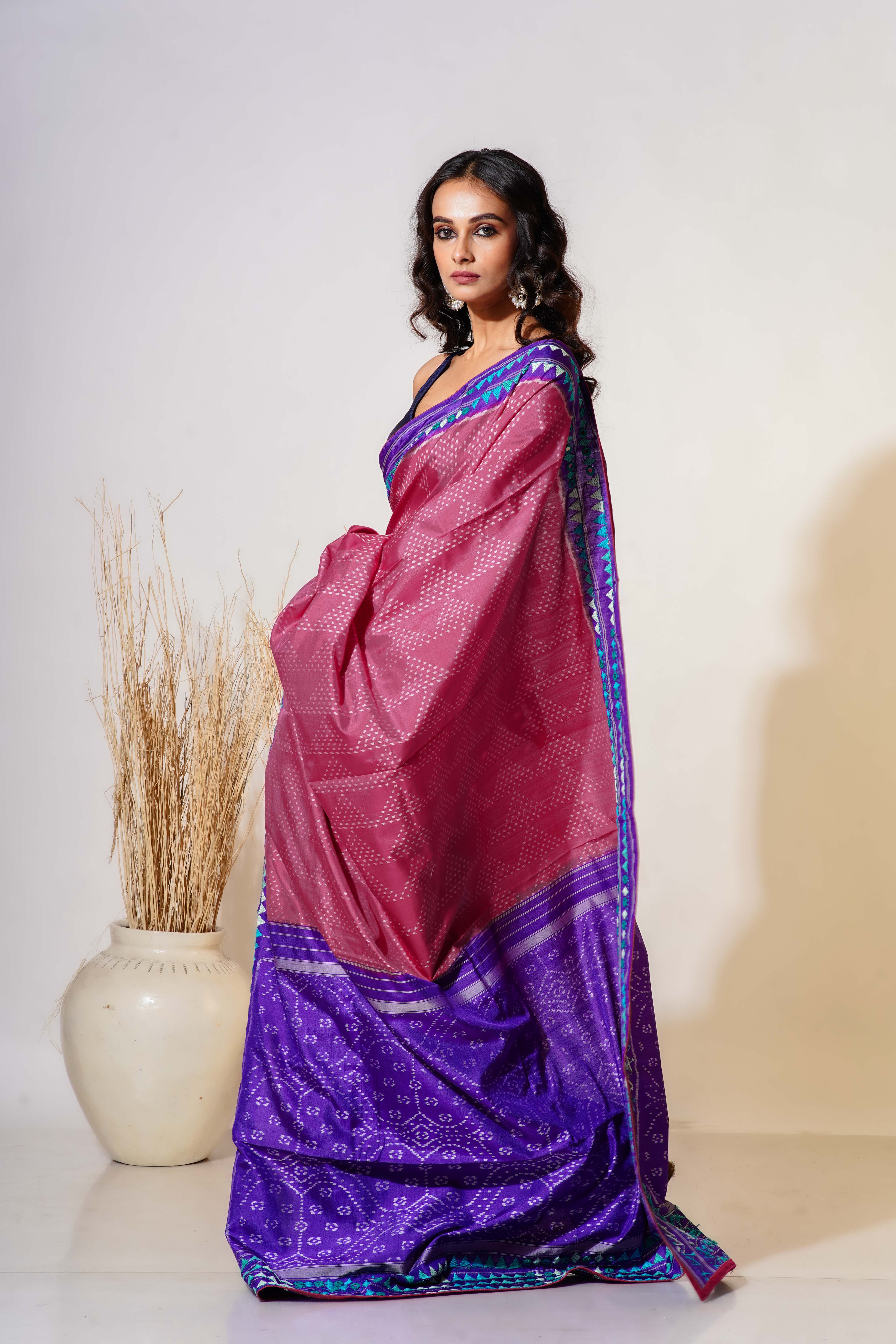 Purple and Pink Silk Patola Saree With Blouse Piece