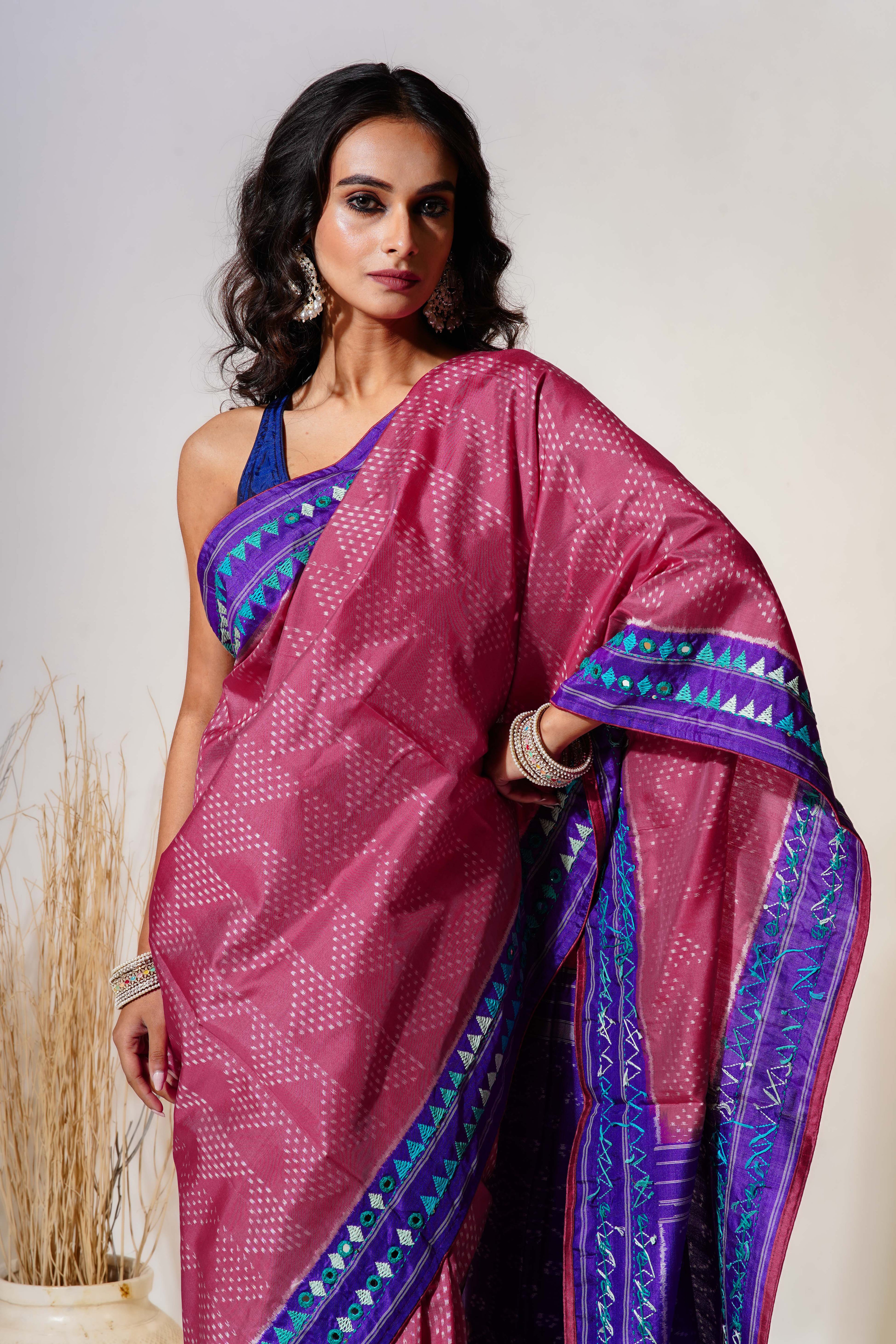 Purple and Pink Silk Patola Saree With Blouse Piece
