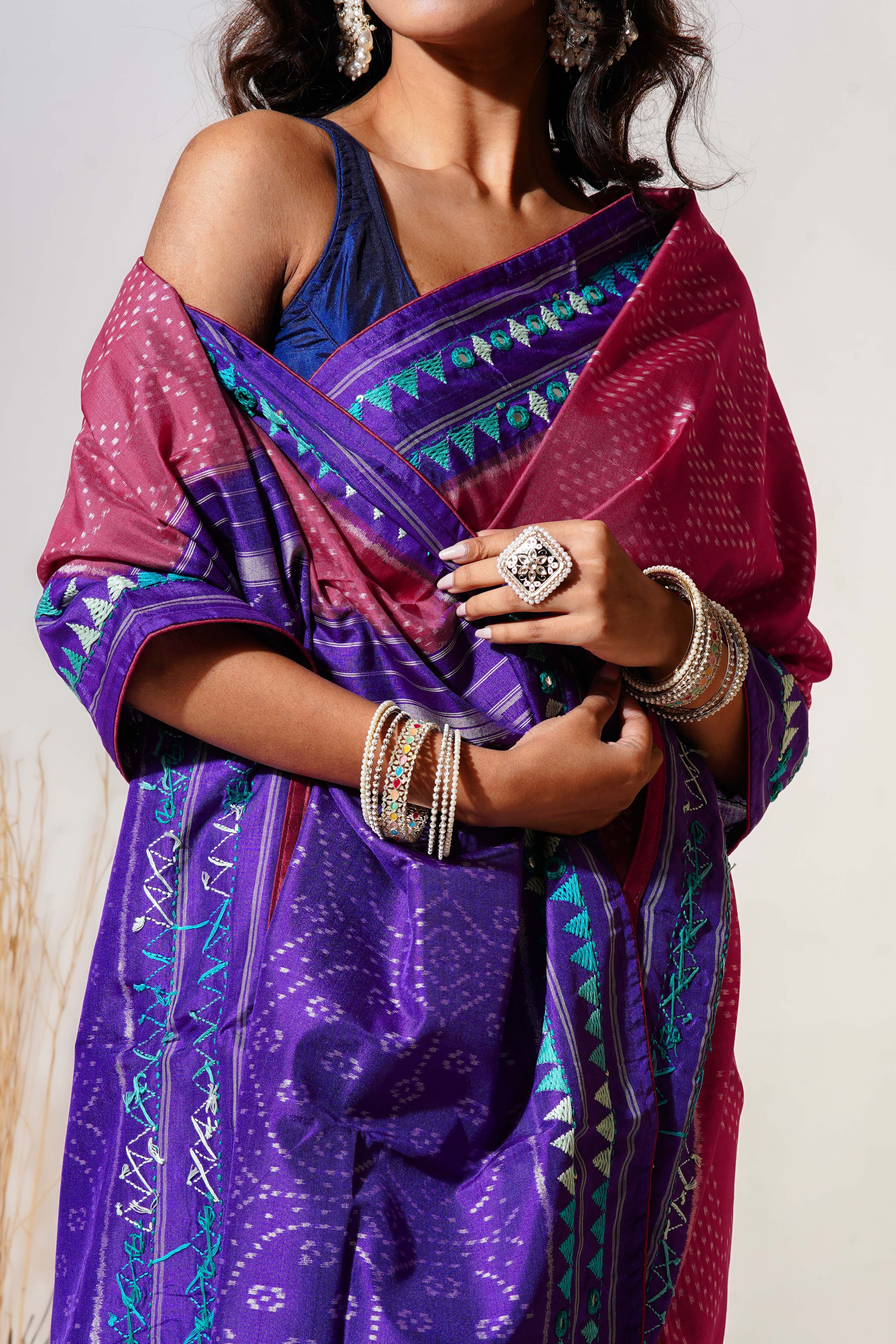 Purple and Pink Silk Patola Saree With Blouse Piece