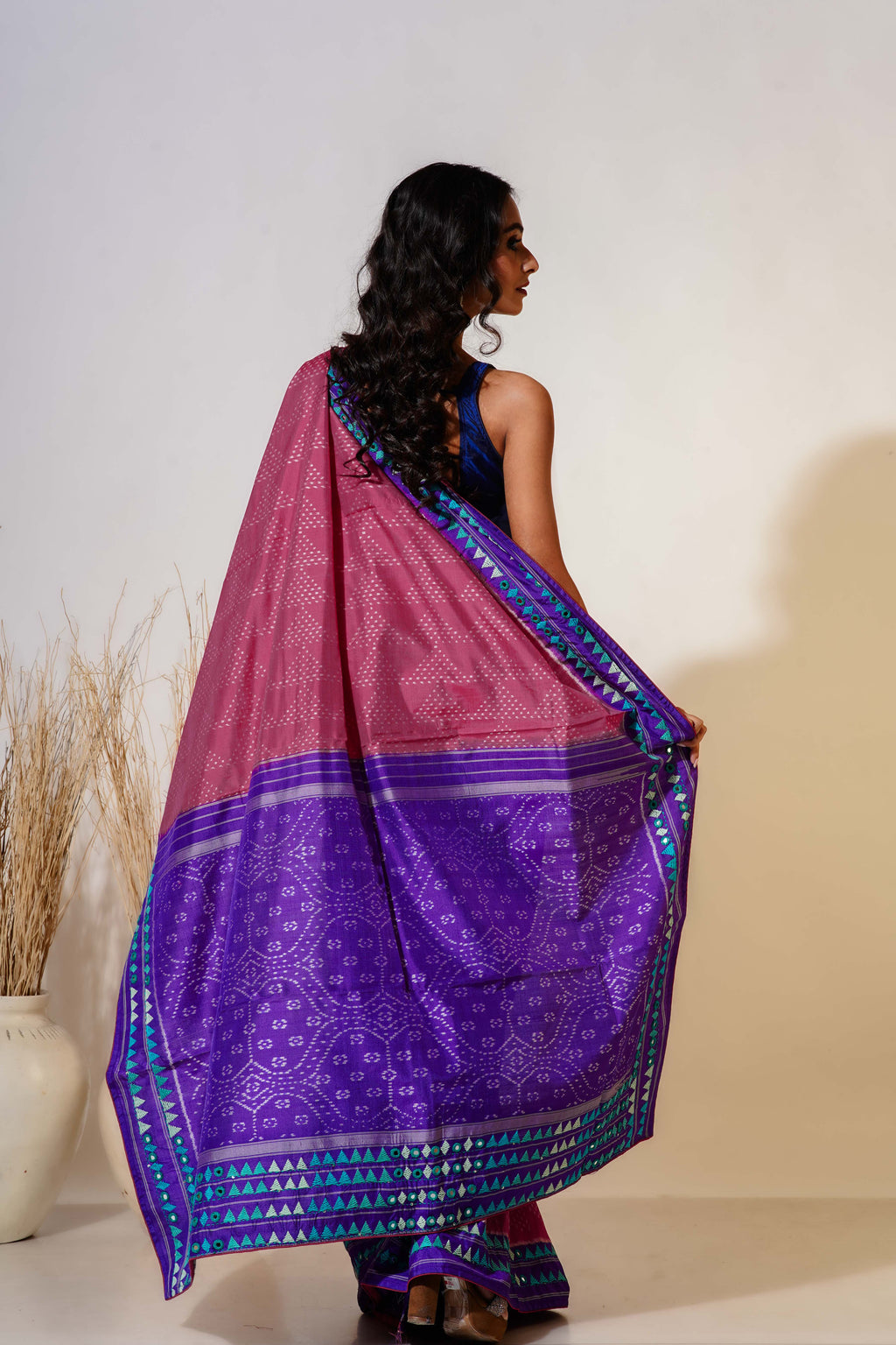 Purple and Pink Silk Patola Saree With Blouse Piece