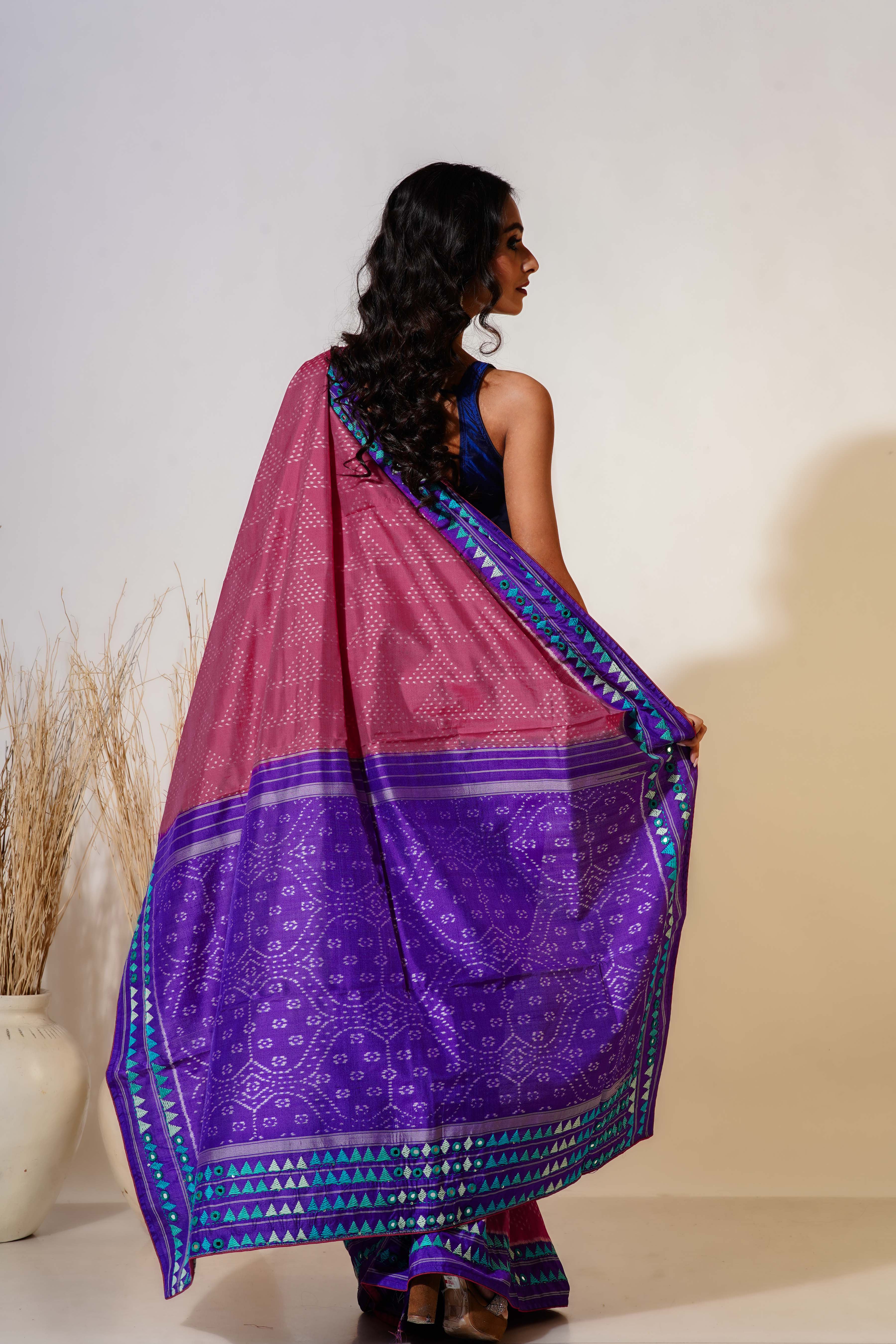 Purple and Pink Silk Patola Saree With Blouse Piece