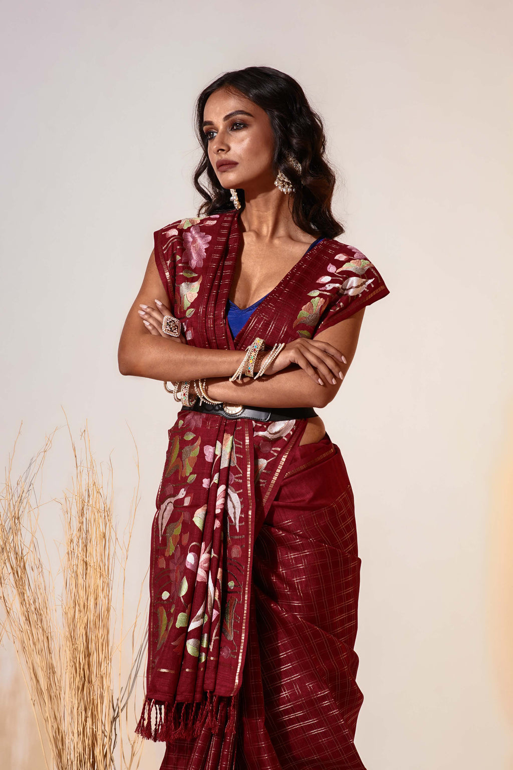 Maroon Semi Tussar  Saree With Blouse Piece