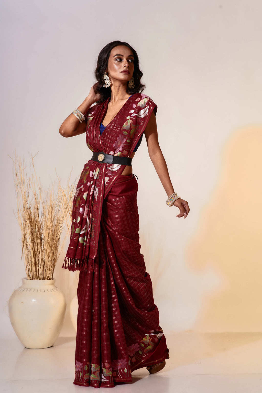 Maroon Semi Tussar  Saree With Blouse Piece