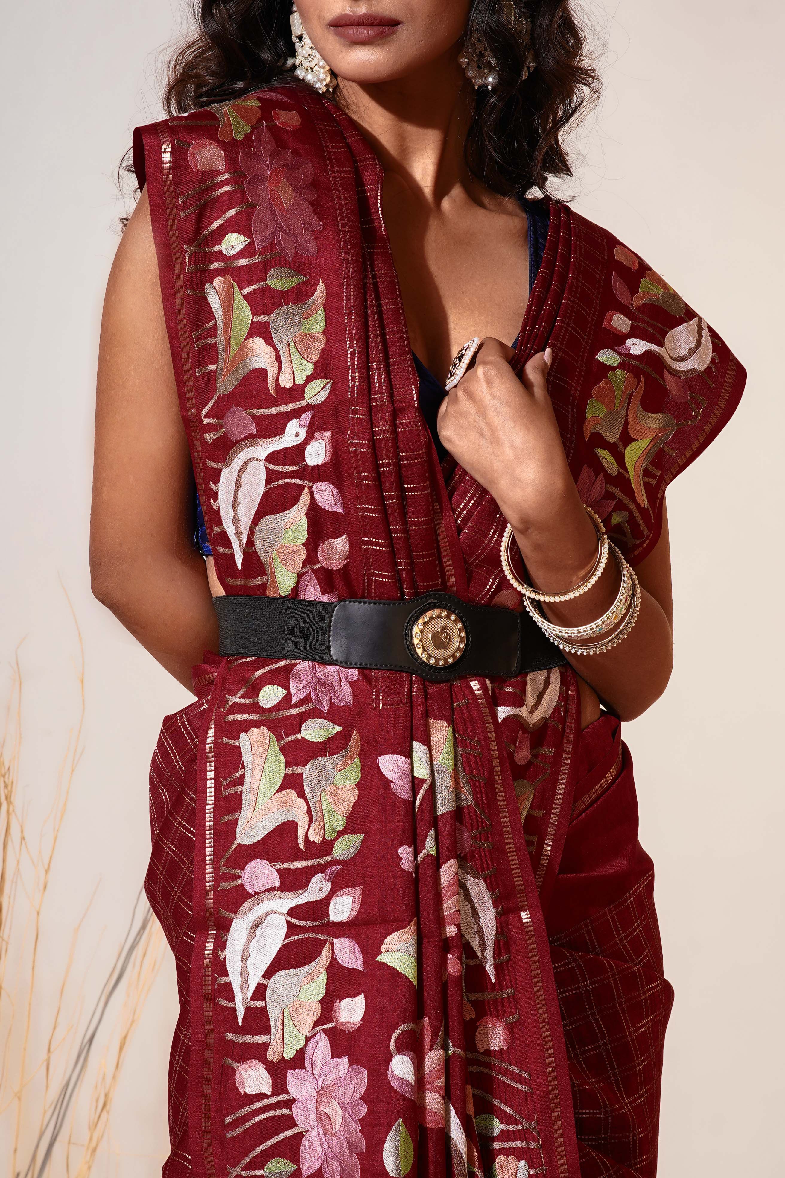 Maroon Semi Tussar  Saree With Blouse Piece
