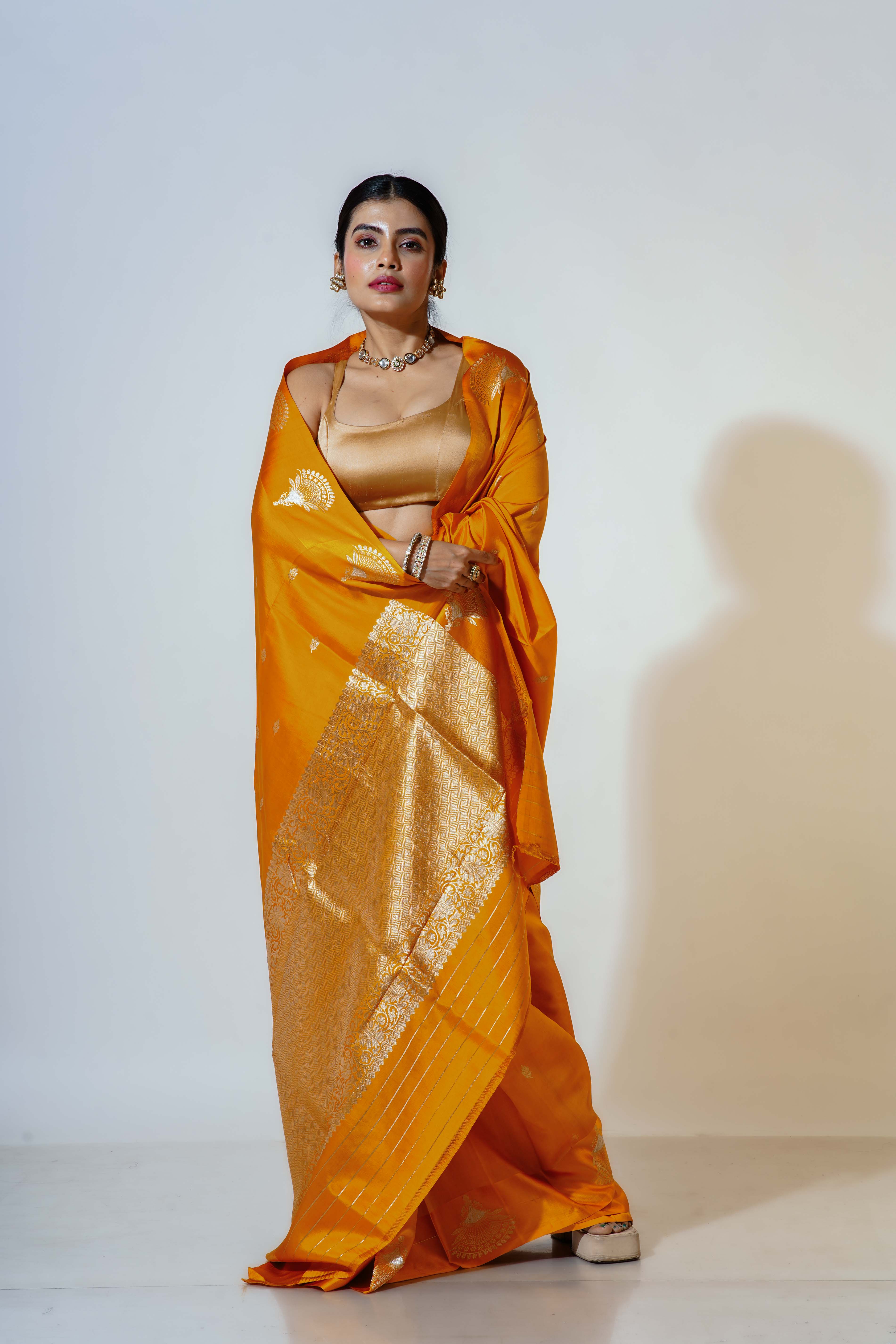 Mango Yellow Silk Katan Banarasi Saree With Blouse Piece