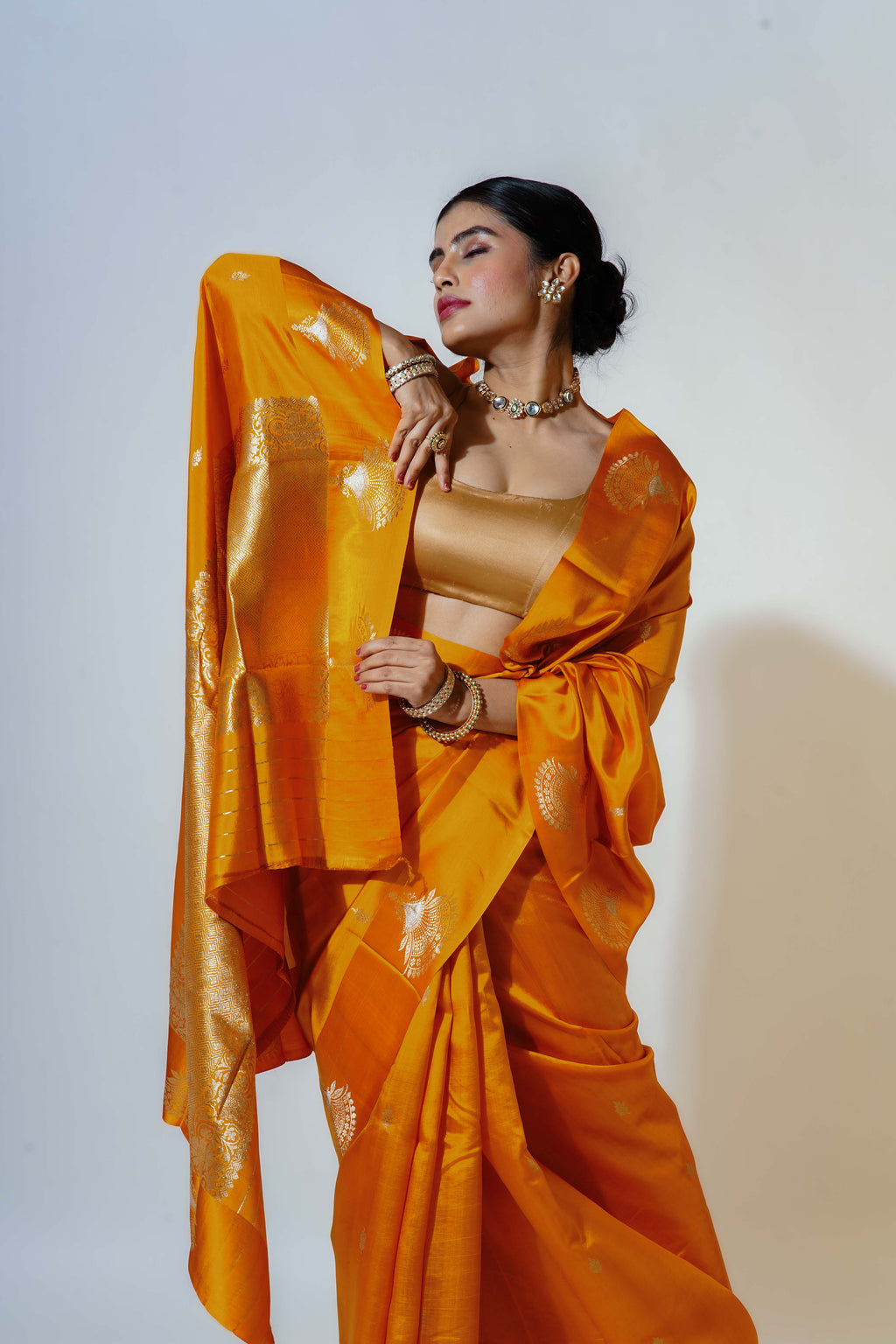 Mango Yellow Silk Katan Banarasi Saree With Blouse Piece