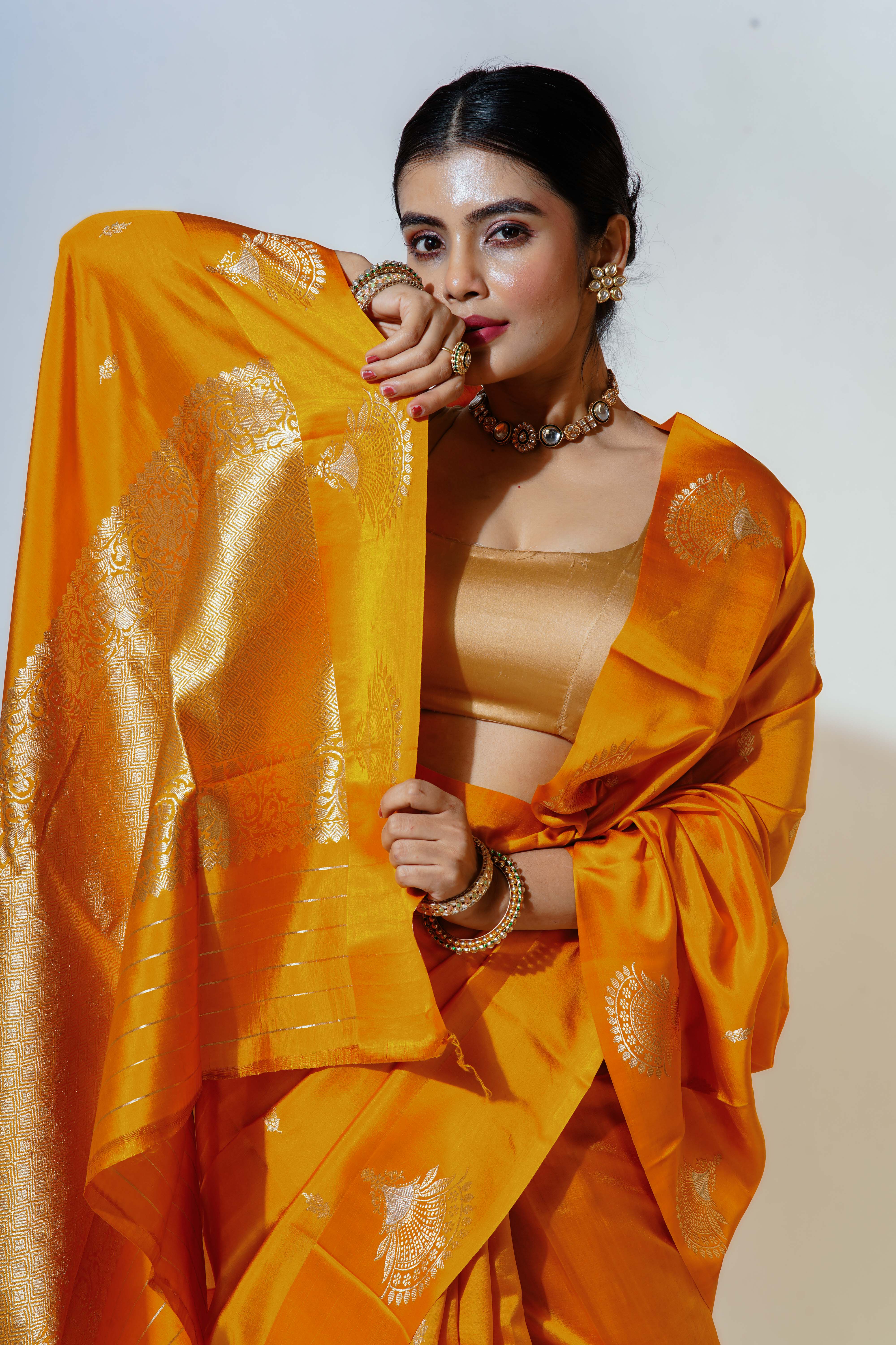 Mango Yellow Silk Katan Banarasi Saree With Blouse Piece