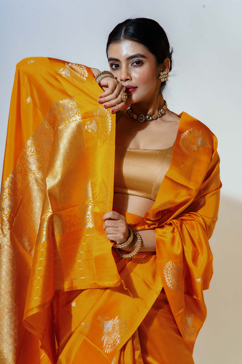 Mango Yellow Silk Katan Banarasi Saree With Blouse Piece