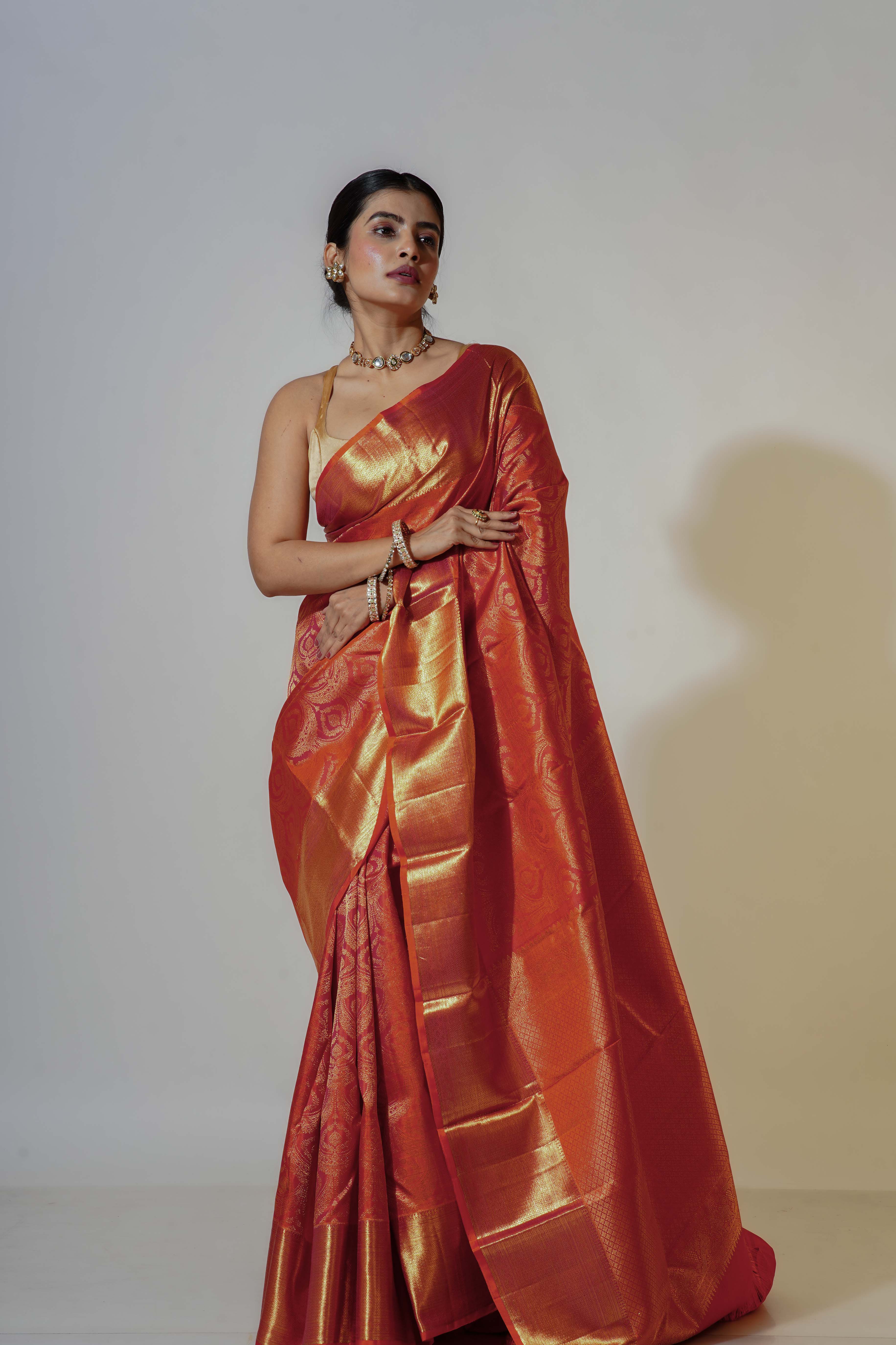 Orange Dual Tone Silk Kanjivaram Saree With Blouse Piece