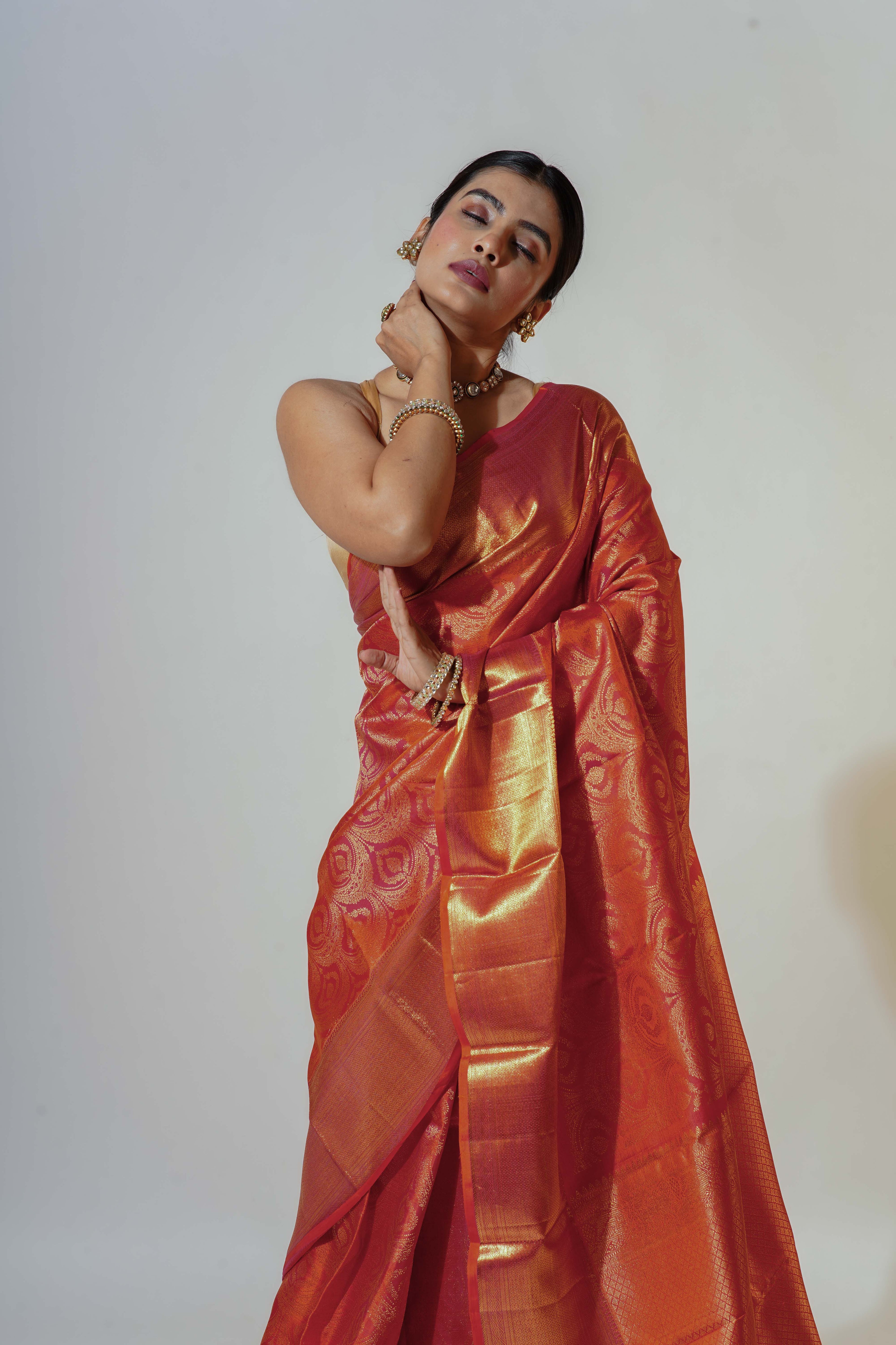 Orange Dual Tone Silk Kanjivaram Saree With Blouse Piece