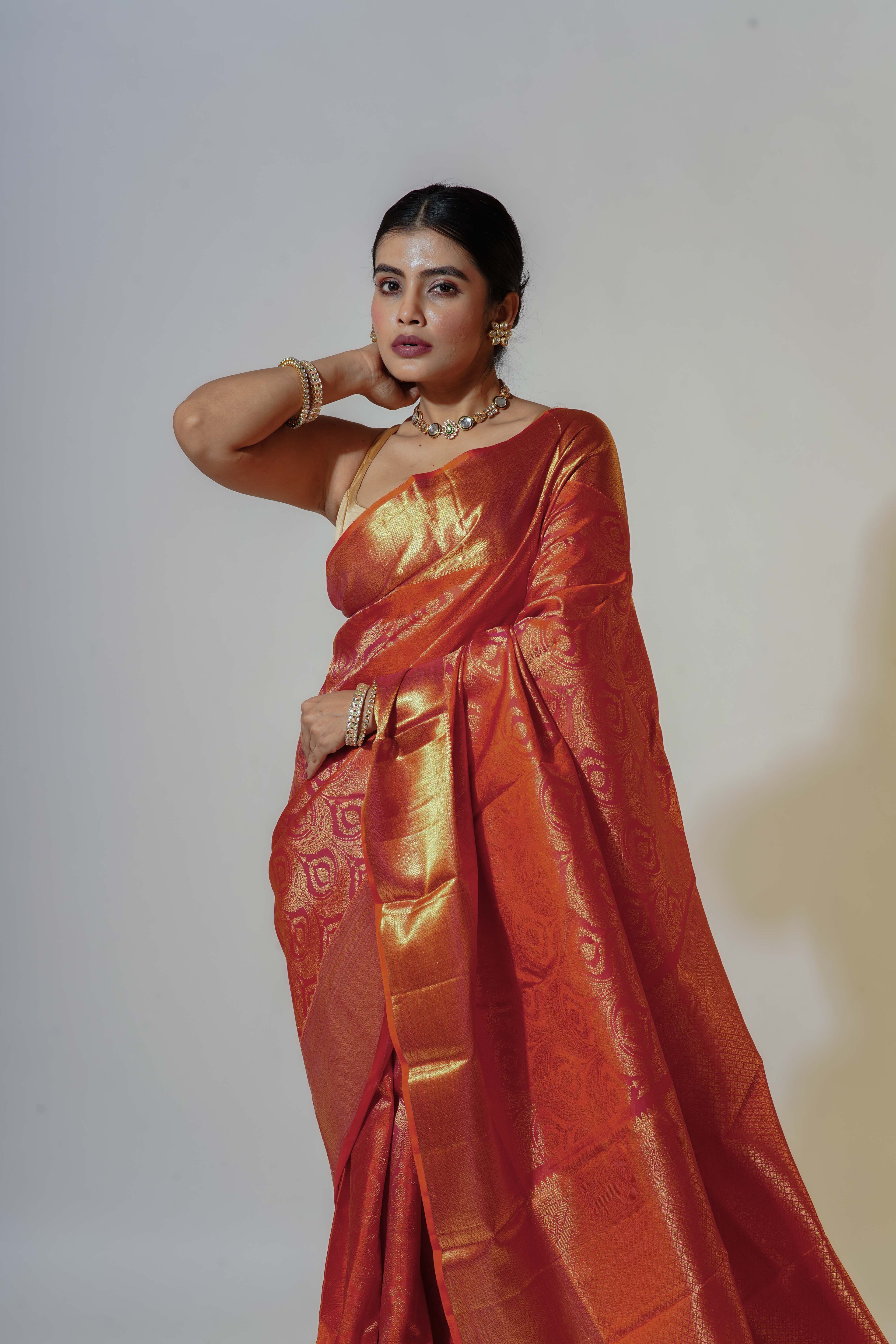 Orange Dual Tone Silk Kanjivaram Saree With Blouse Piece