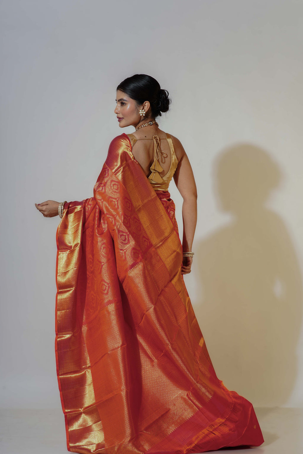 Orange Dual Tone Silk Kanjivaram Saree With Blouse Piece