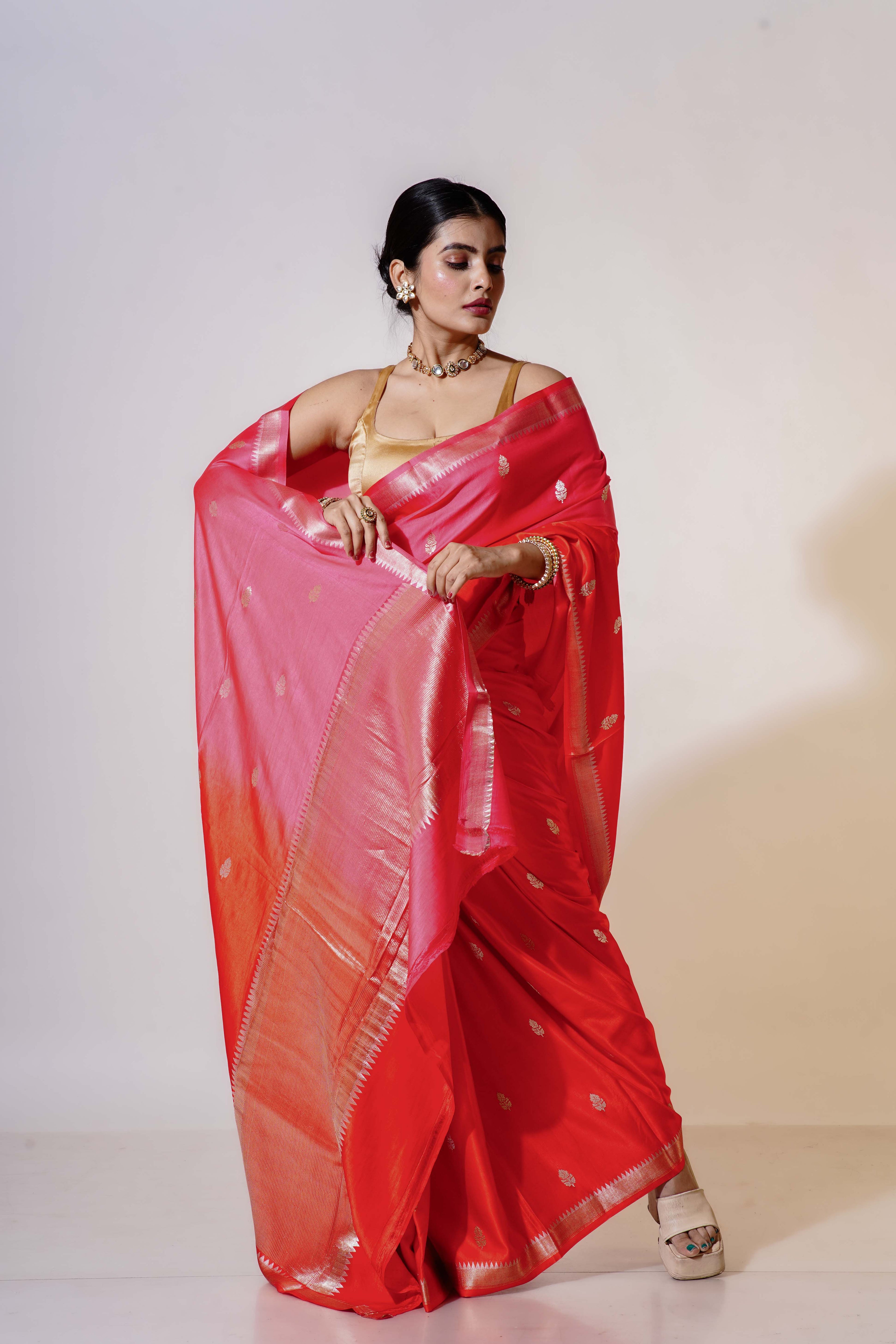 Rust Orange and Fuchsia Pink Pure Mashru Banarasi Saree With Blouse Piece