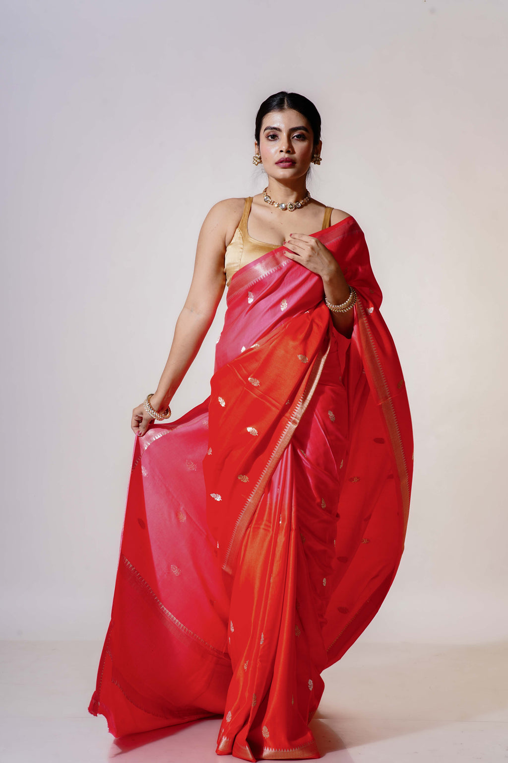Rust Orange and Fuchsia Pink Pure Mashru Banarasi Saree With Blouse Piece