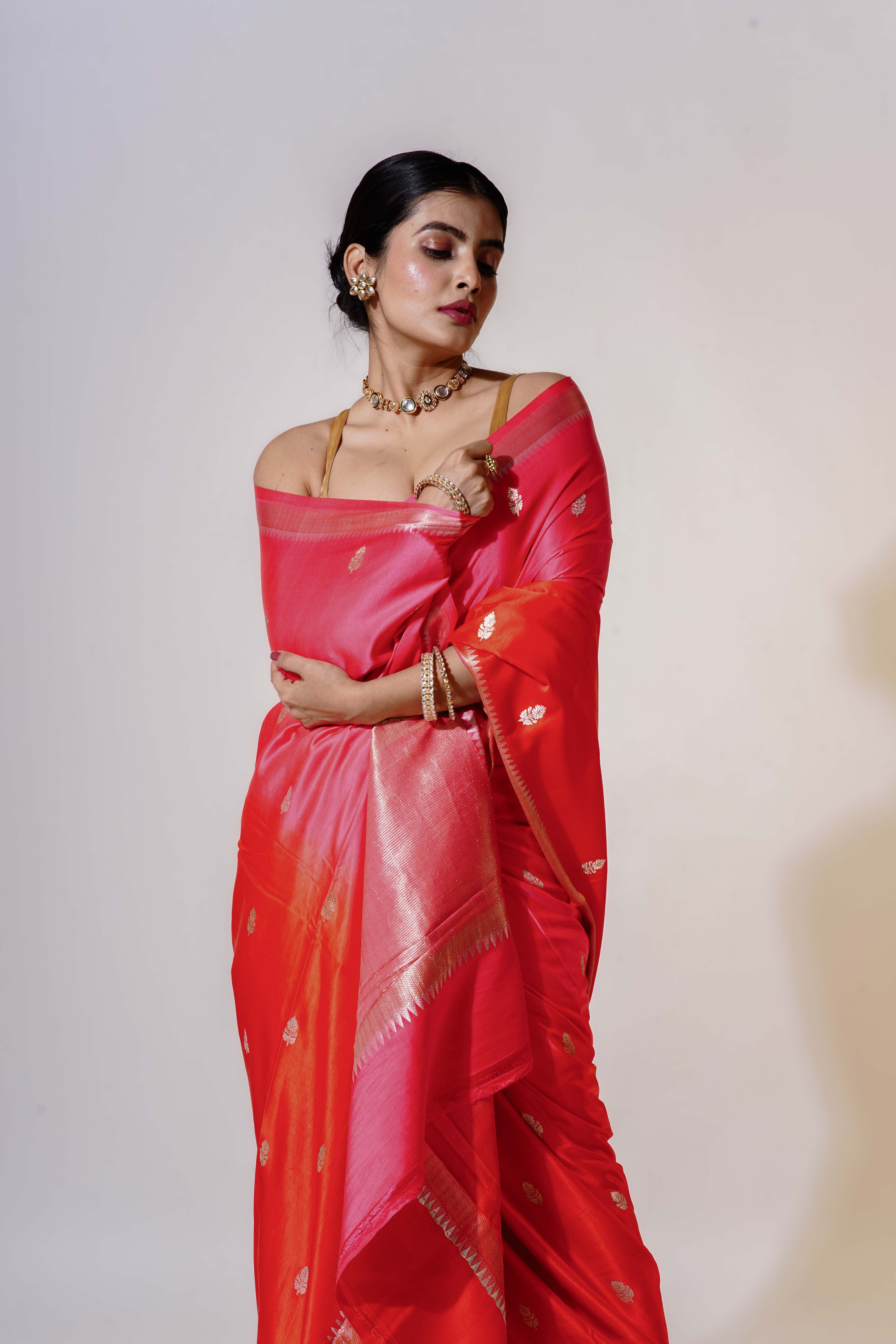 Rust Orange and Fuchsia Pink Pure Mashru Banarasi Saree With Blouse Piece