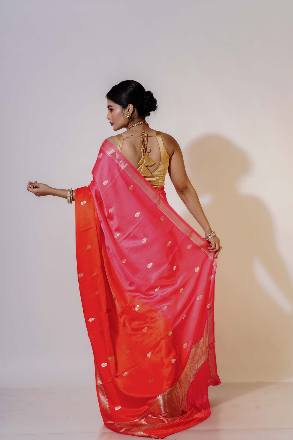 Rust Orange and Fuchsia Pink Pure Mashru Banarasi Saree With Blouse Piece