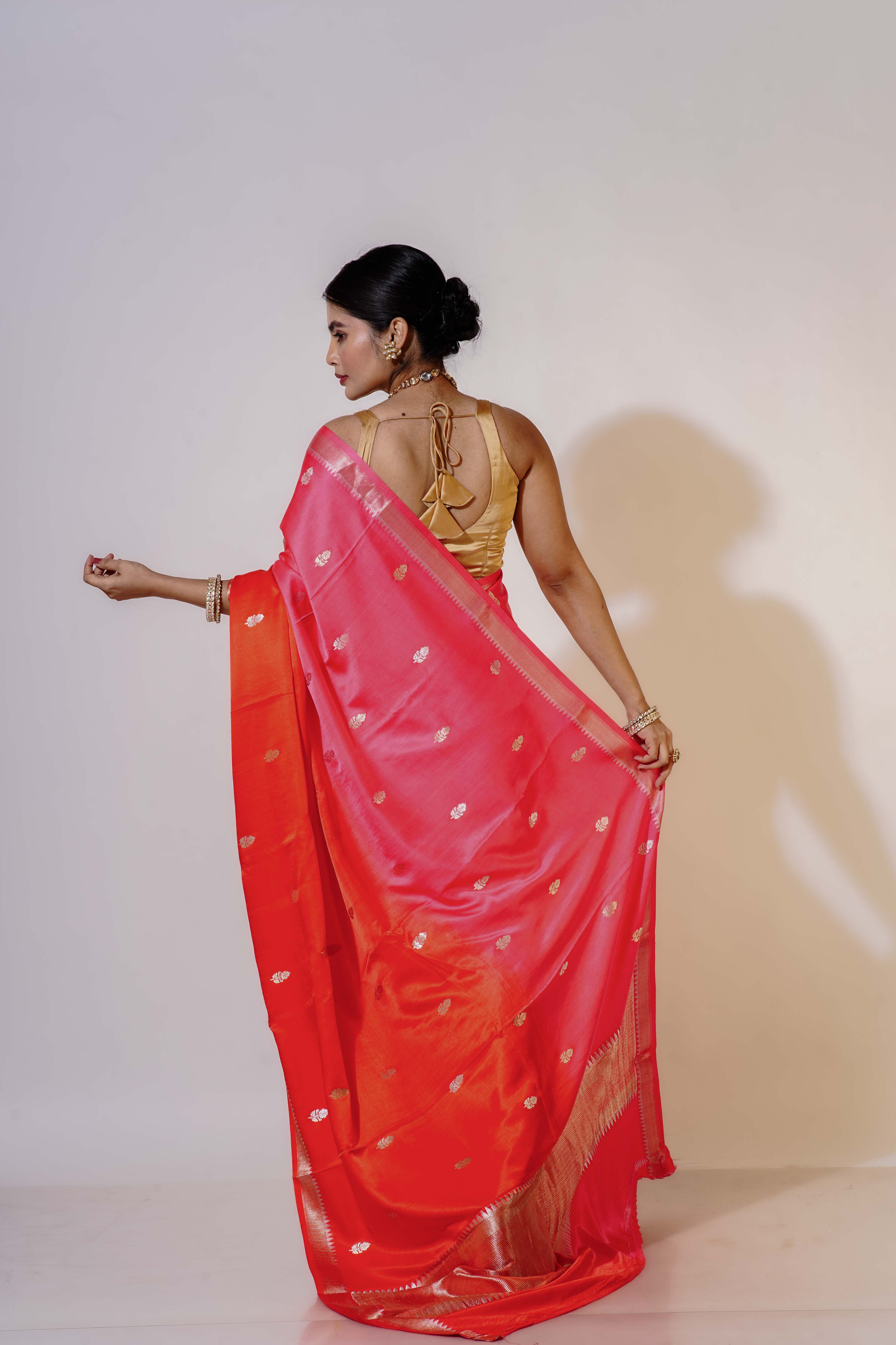 Rust Orange and Fuchsia Pink Pure Mashru Banarasi Saree With Blouse Piece