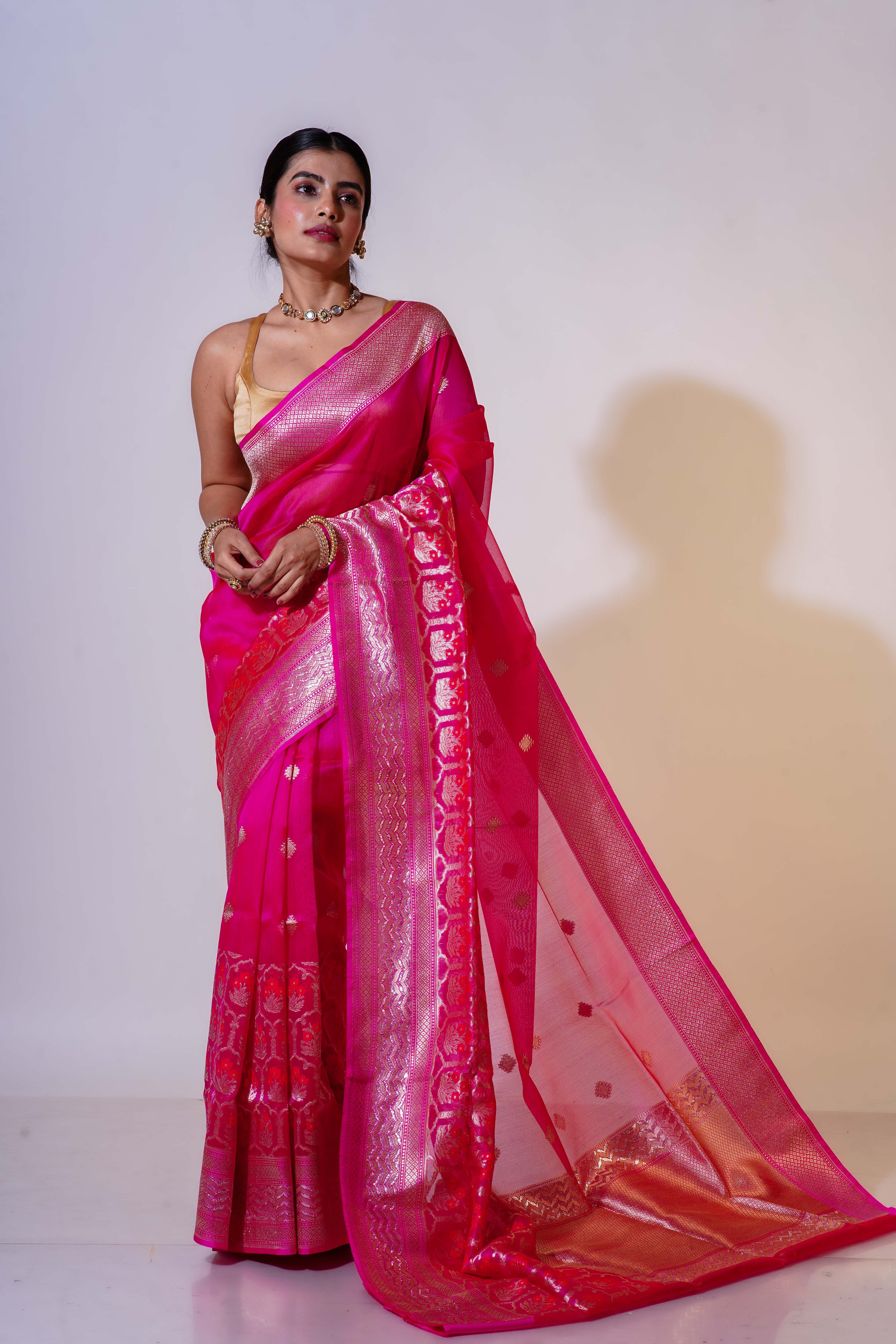 Fuchsia Pink Kora Banarasi Saree With Blouse Piece