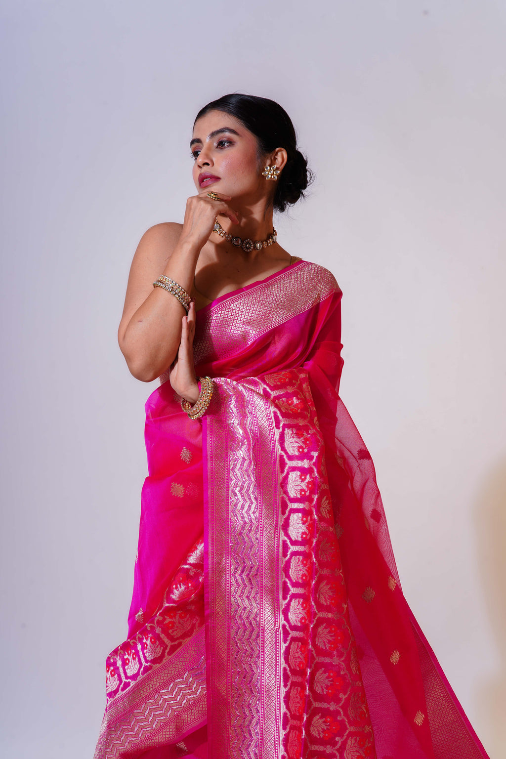 Fuchsia Pink Kora Banarasi Saree With Blouse Piece