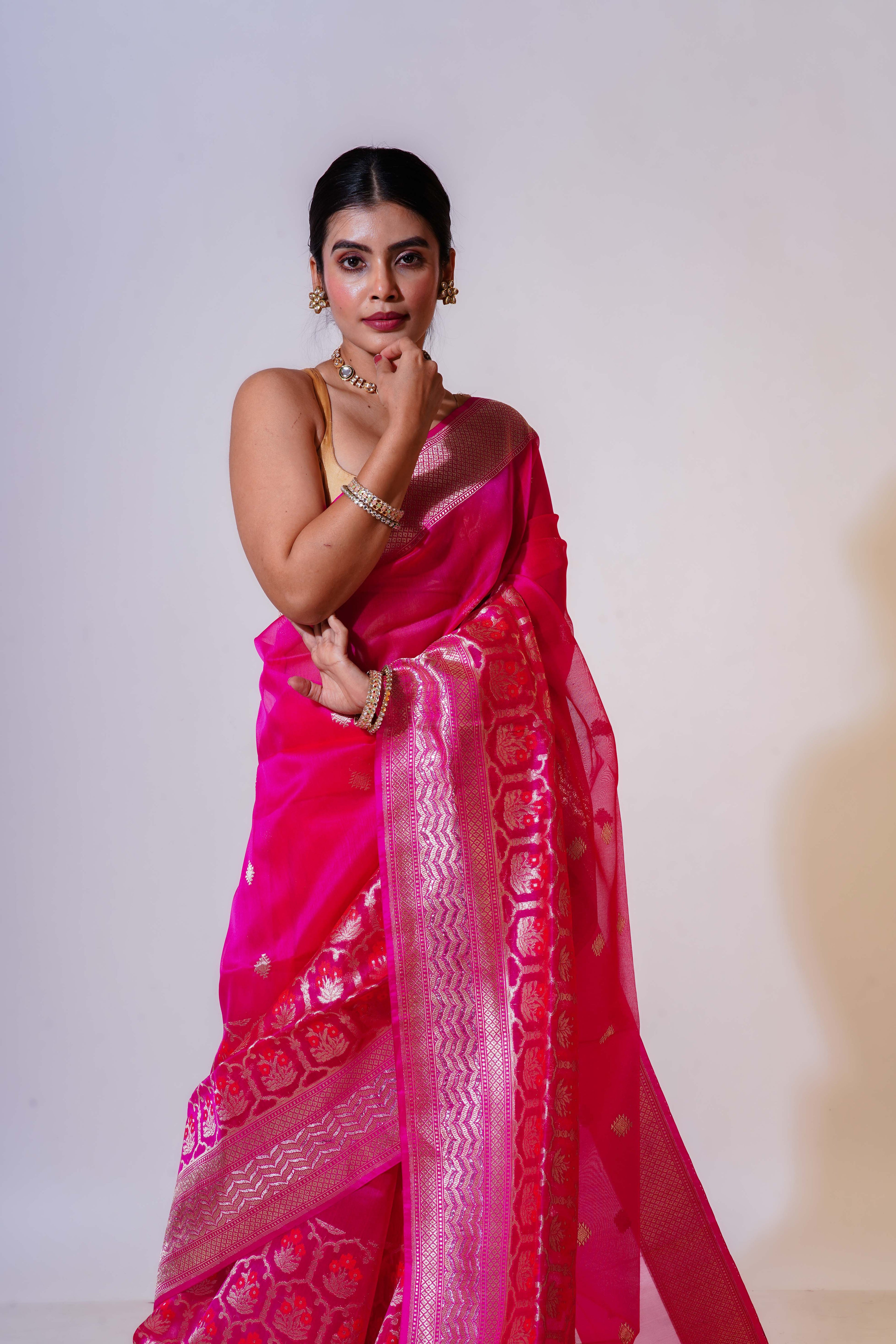 Fuchsia Pink Kora Banarasi Saree With Blouse Piece