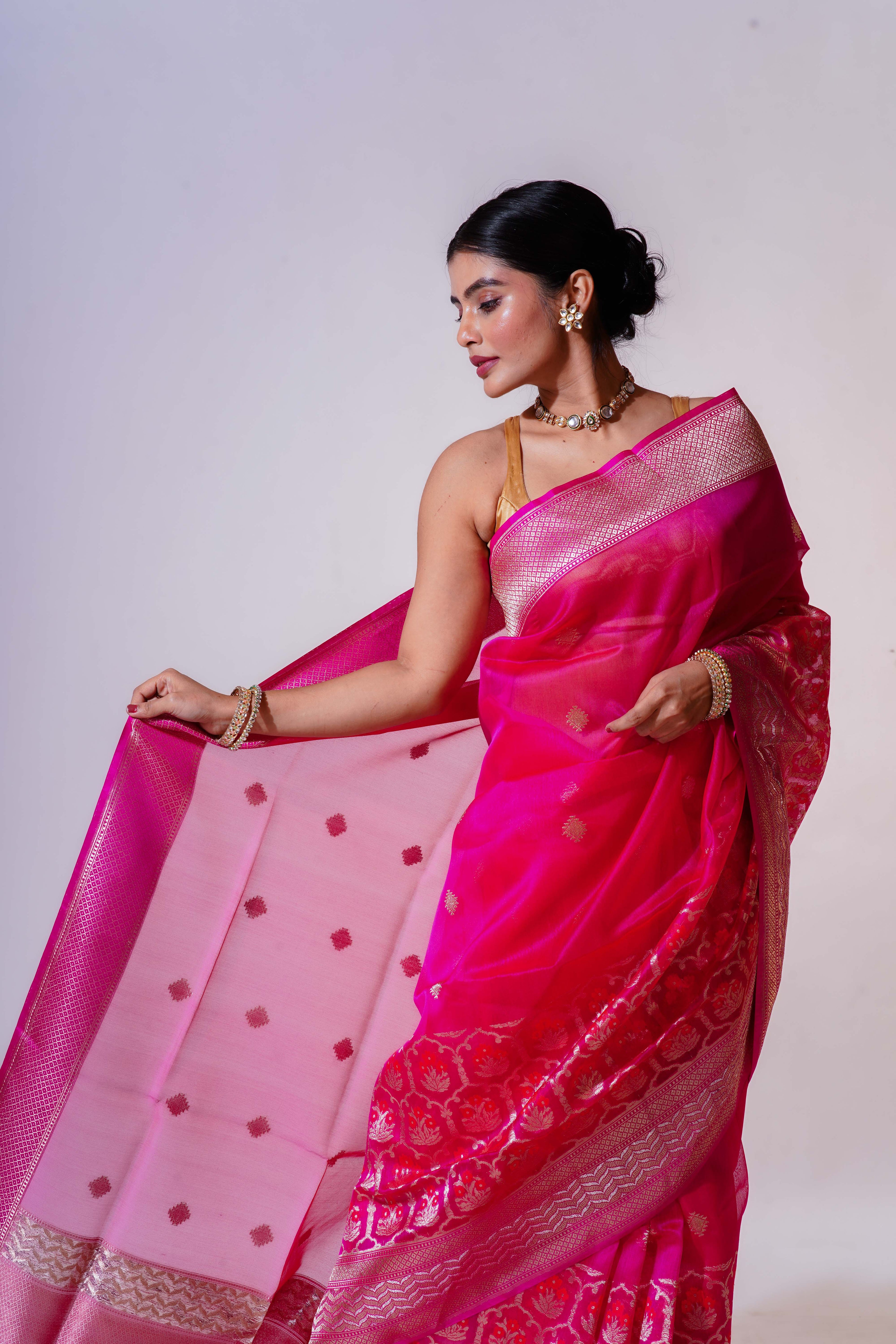 Fuchsia Pink Kora Banarasi Saree With Blouse Piece
