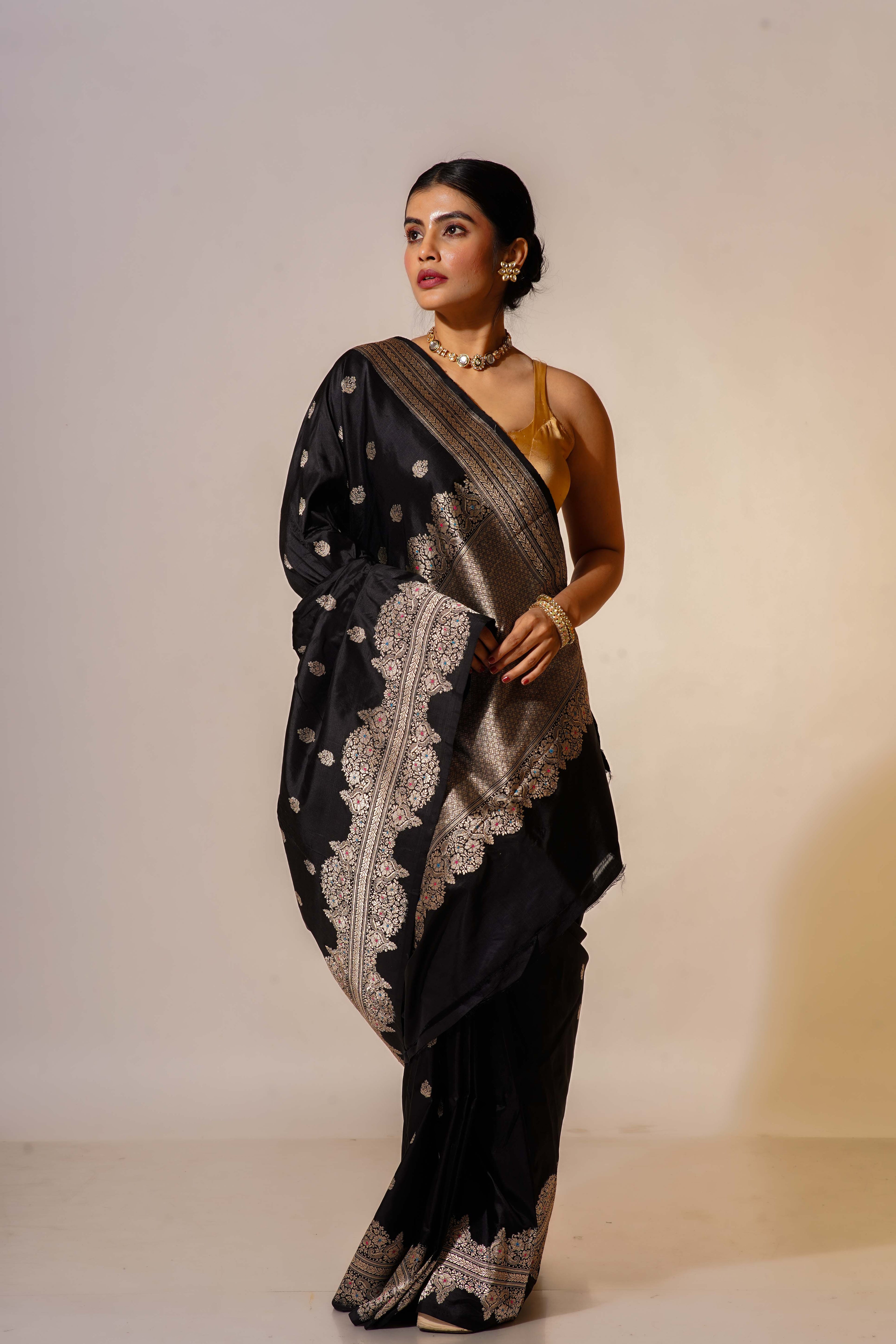 Black Katan Silk Banarasi Saree With Blouse Piece