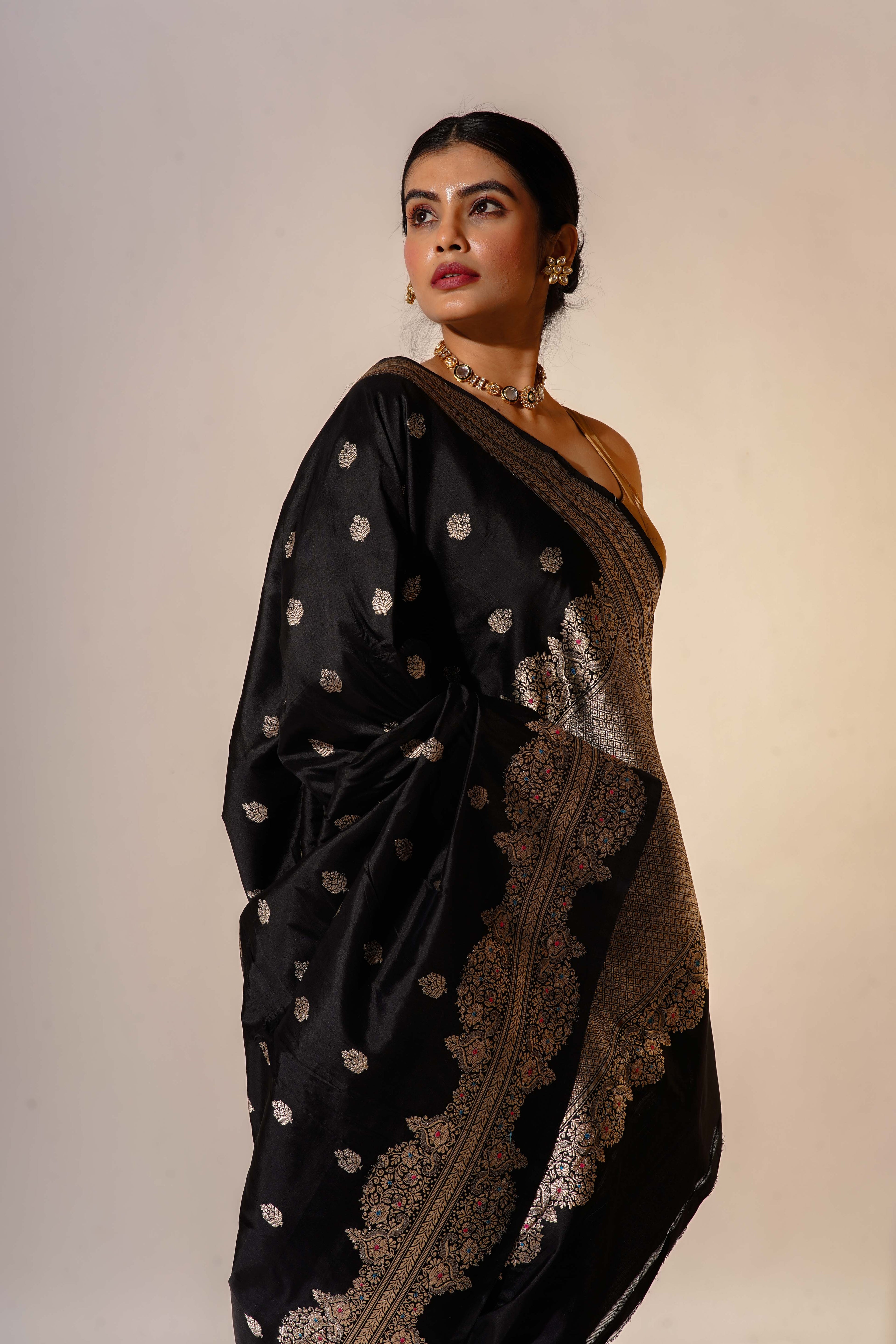Black Katan Silk Banarasi Saree With Blouse Piece