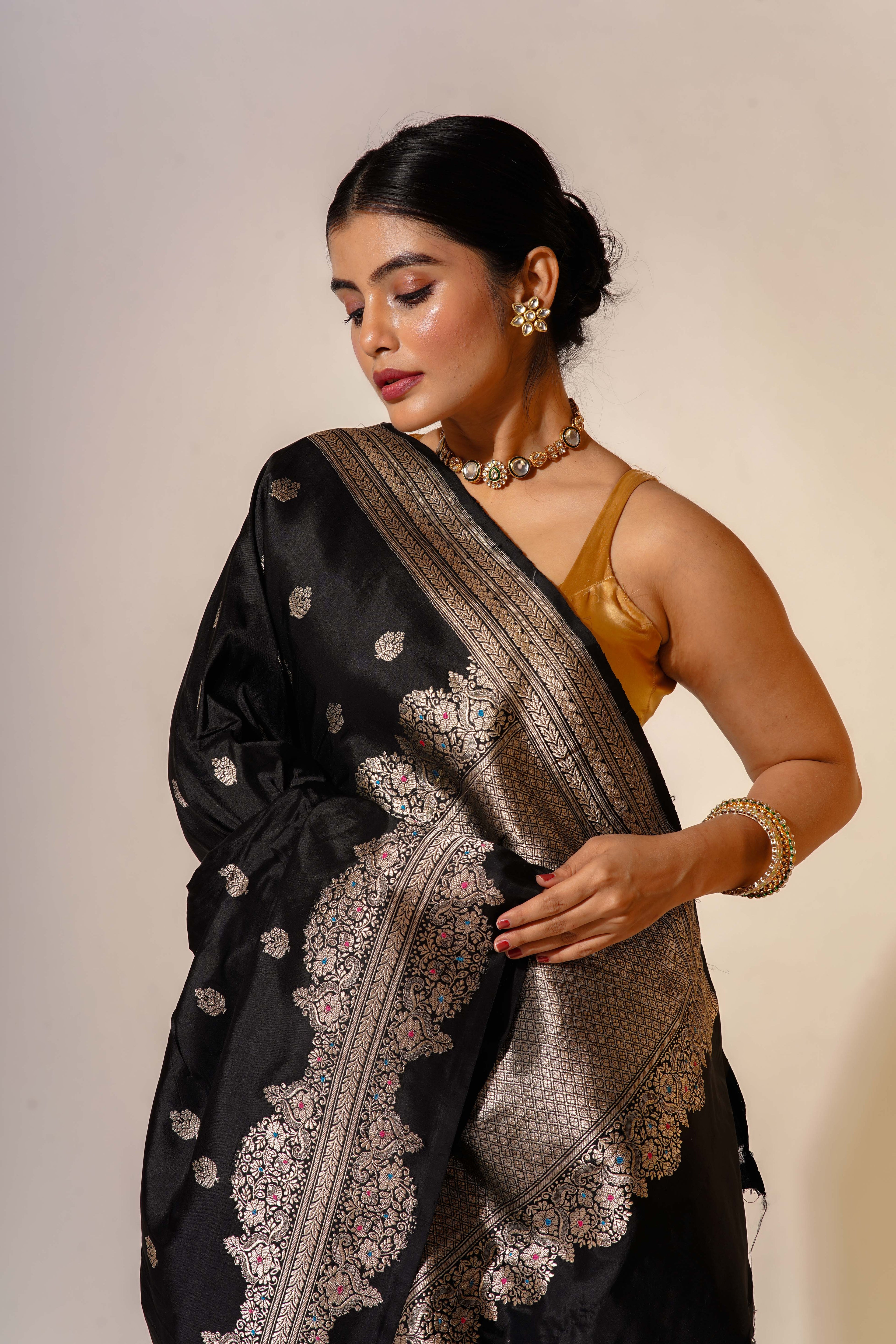 Black Katan Silk Banarasi Saree With Blouse Piece