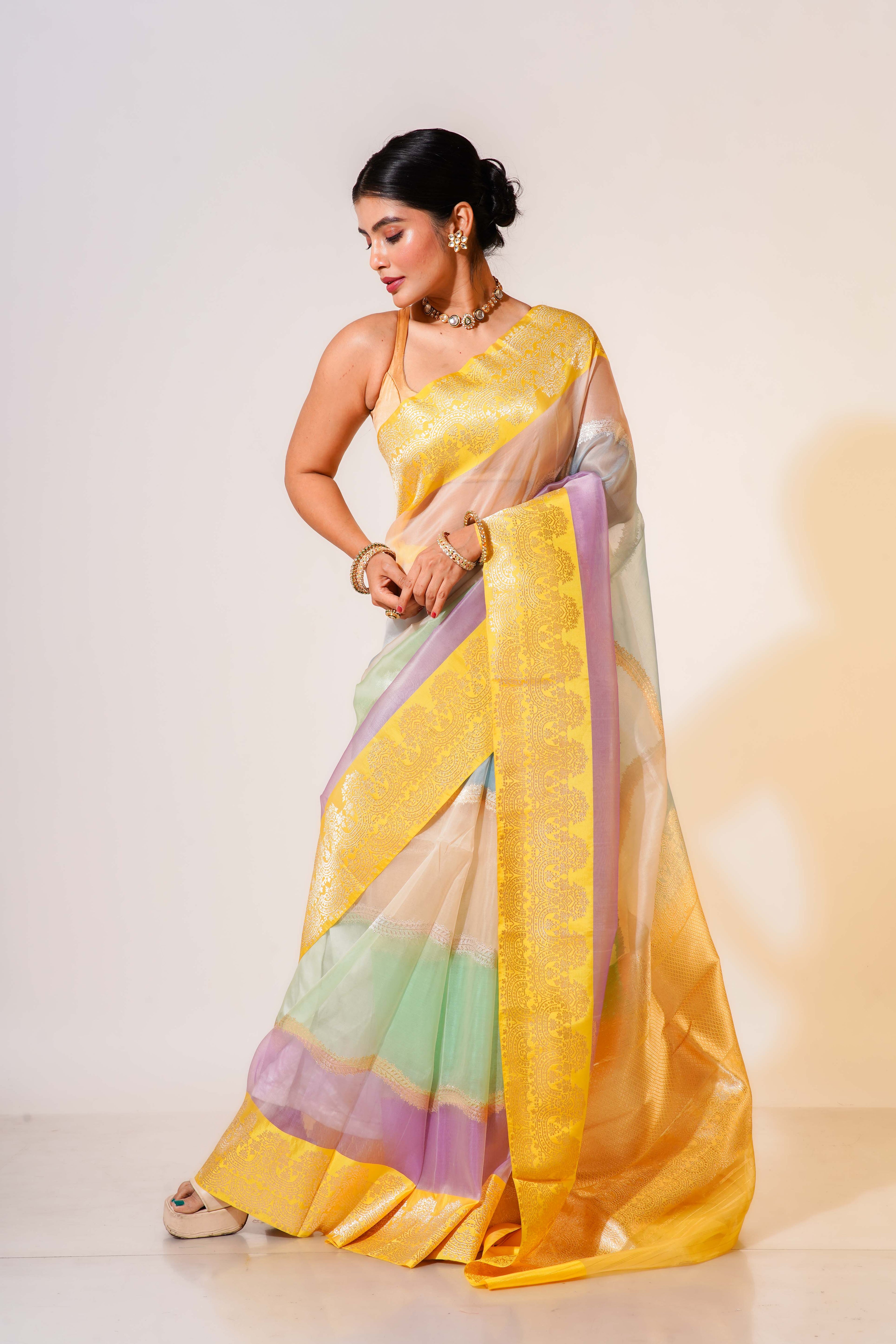 Multicolour Kora Silk Banarasi Saree With Blouse Piece