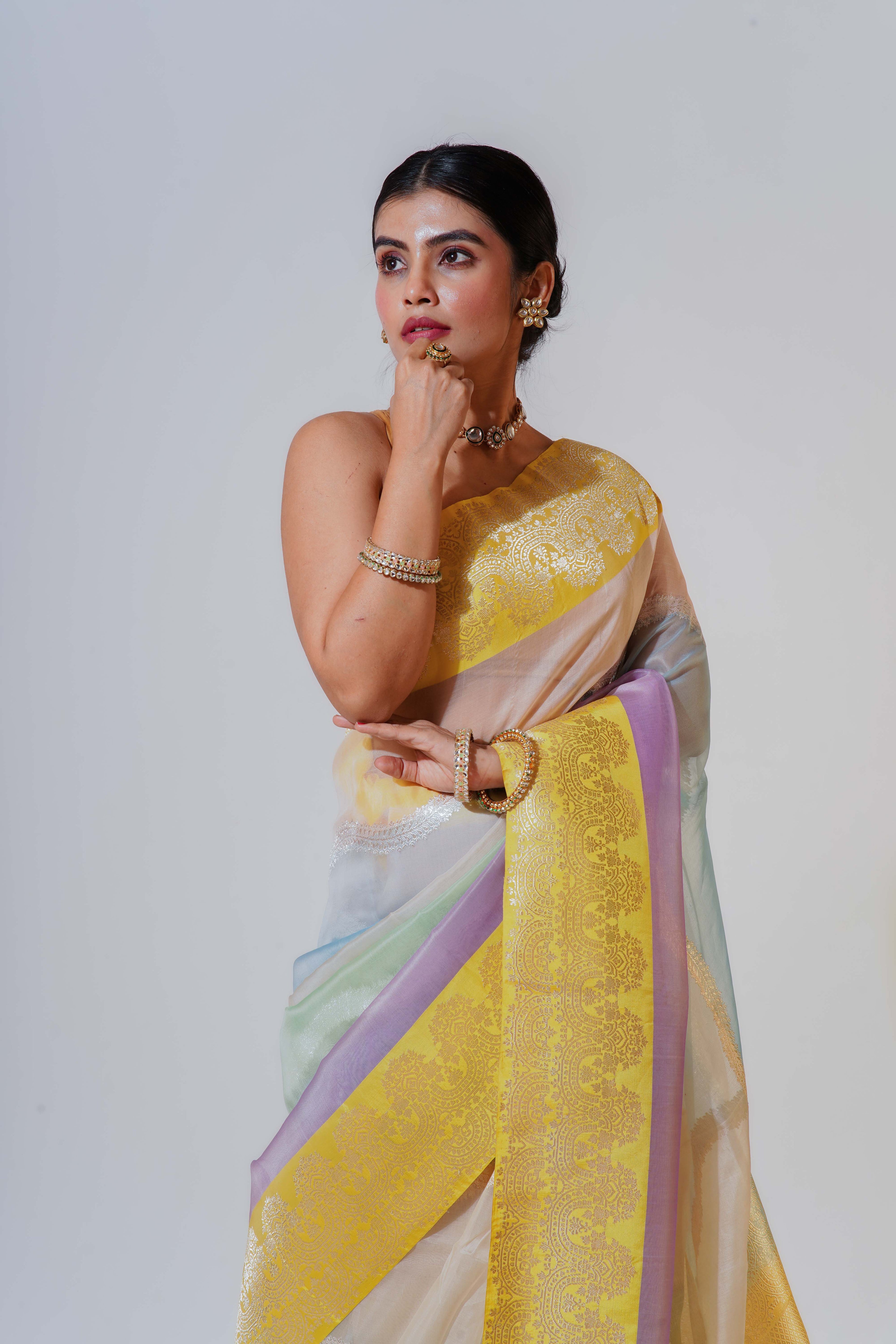 Multicolour Kora Silk Banarasi Saree With Blouse Piece