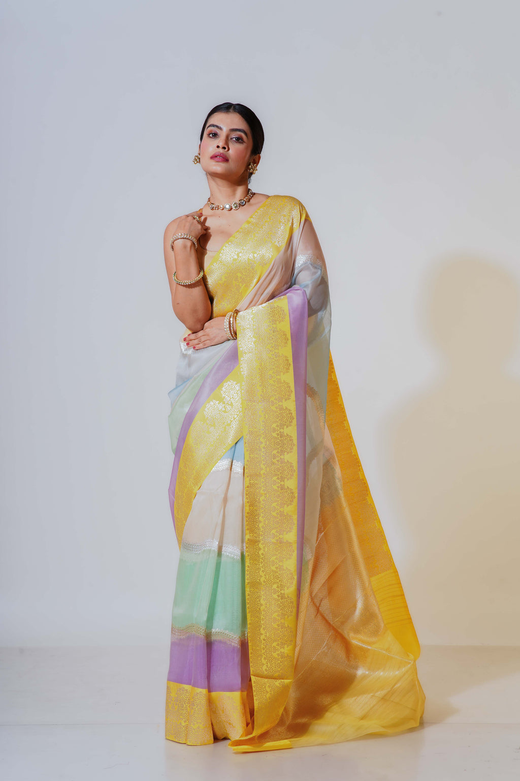 Multicolour Kora Silk Banarasi Saree With Blouse Piece