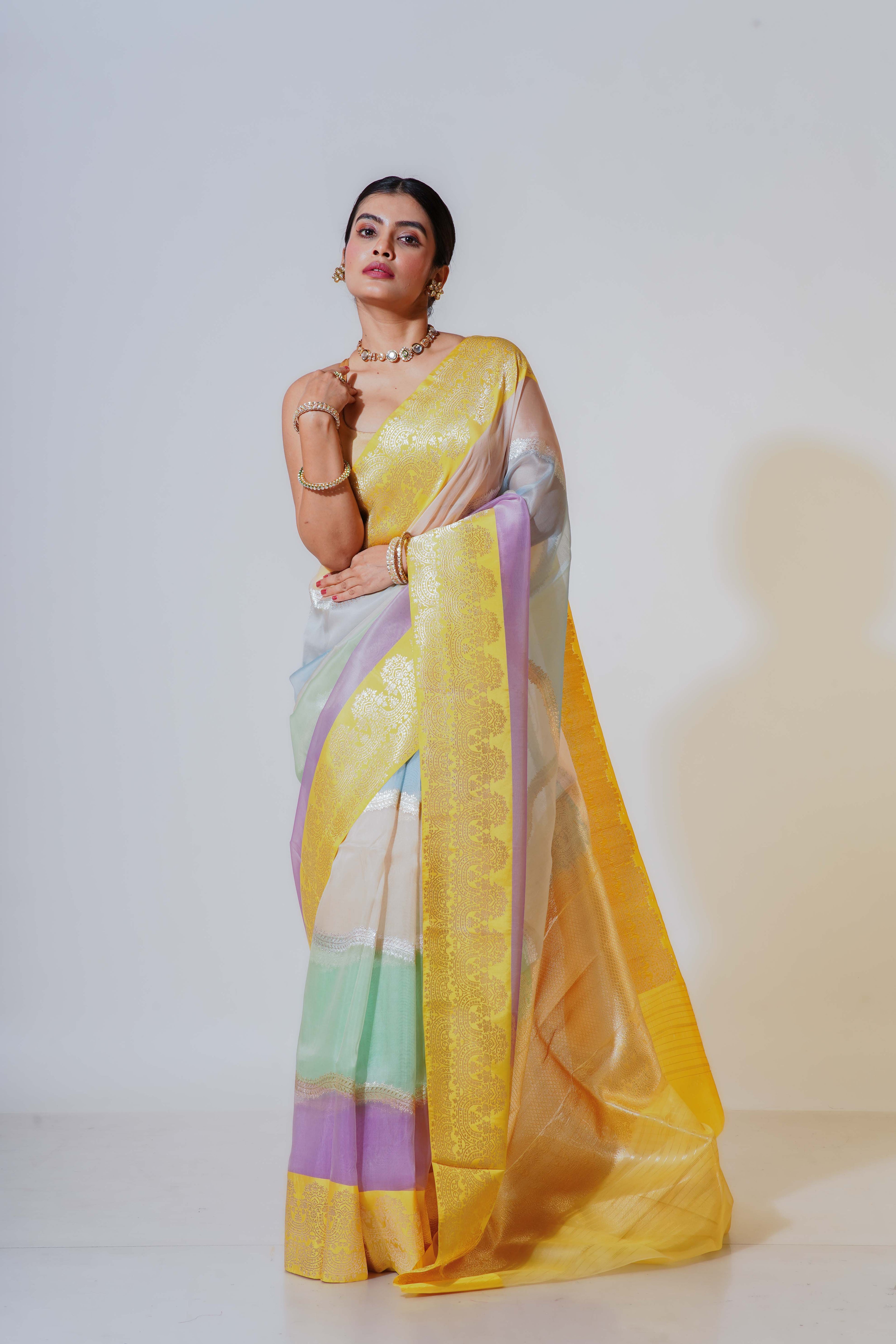 Multicolour Kora Silk Banarasi Saree With Blouse Piece