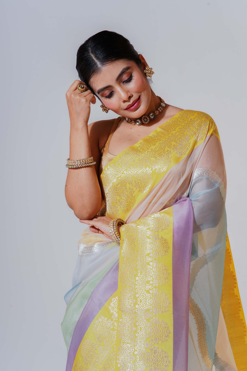 Multicolour Kora Silk Banarasi Saree With Blouse Piece
