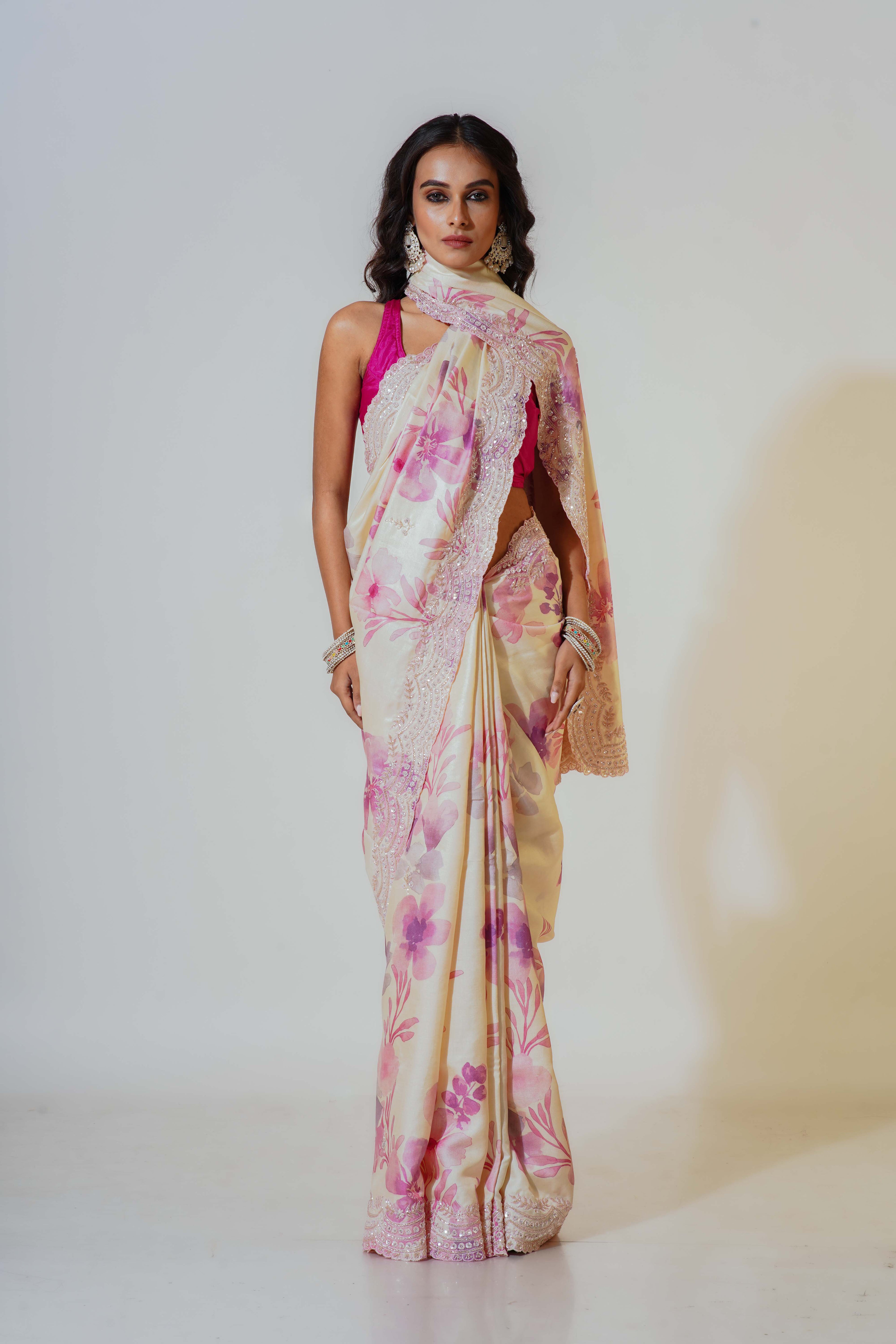White Tussar Digital Zardosi Work Saree With Blouse Piece