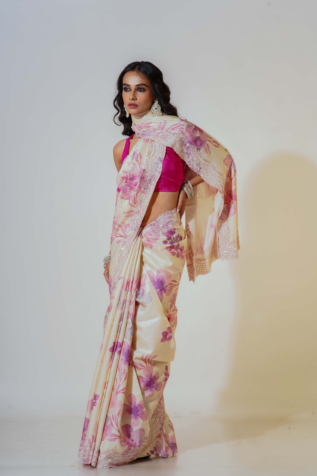 White Tussar Digital Zardosi Work Saree With Blouse Piece