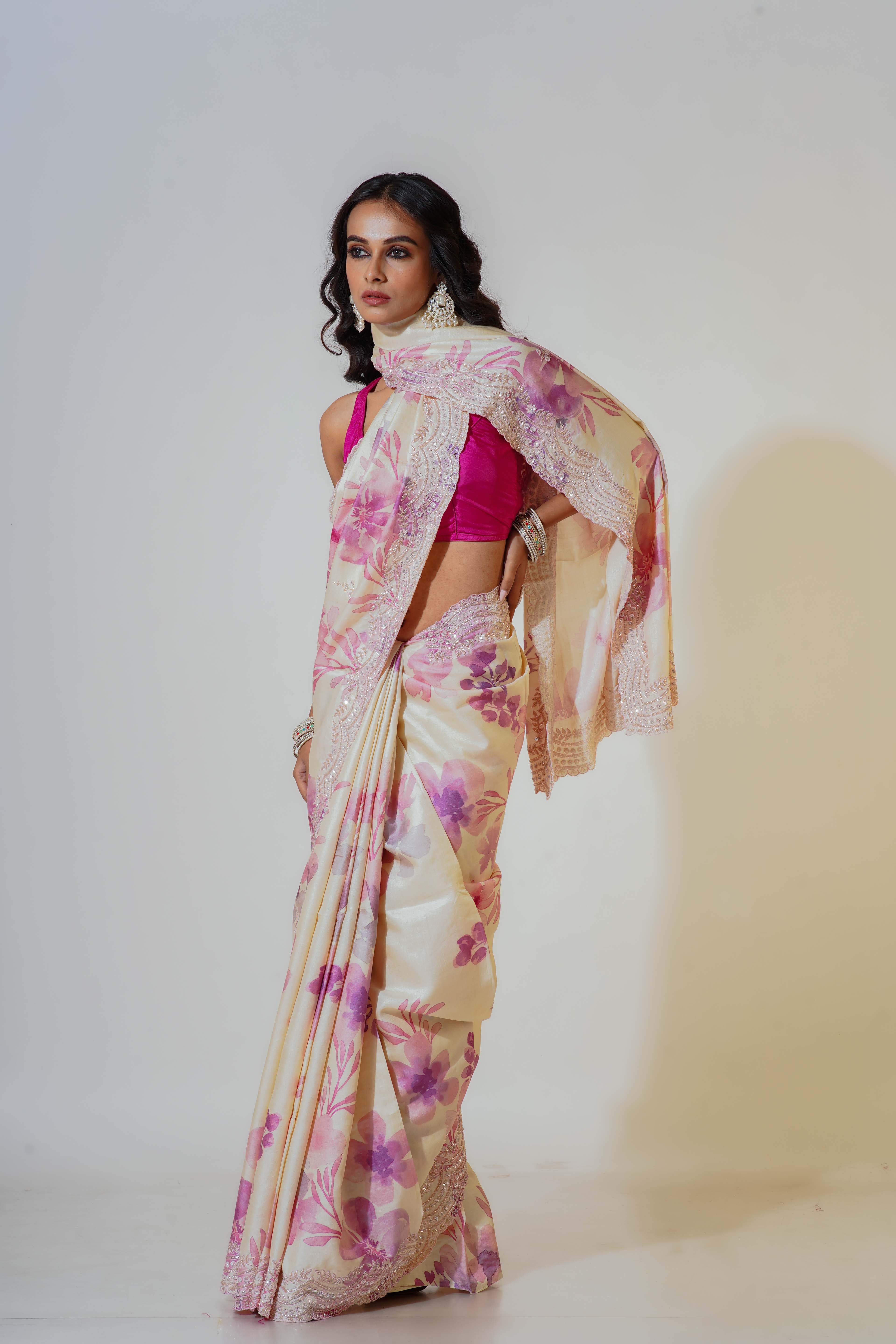 White Tussar Digital Zardosi Work Saree With Blouse Piece