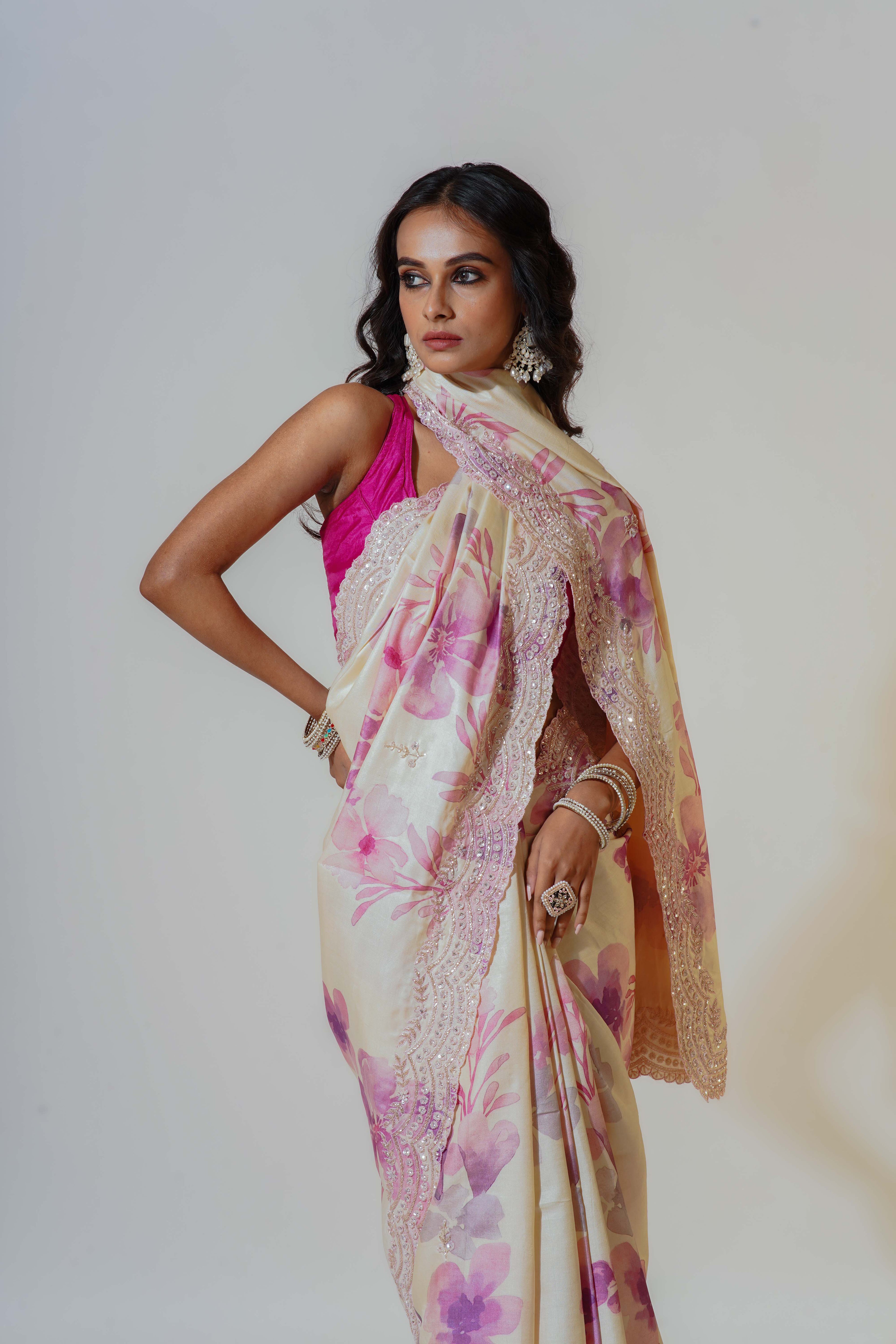White Tussar Digital Zardosi Work Saree With Blouse Piece