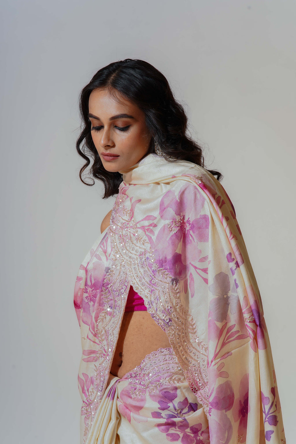 White Tussar Digital Zardosi Work Saree With Blouse Piece