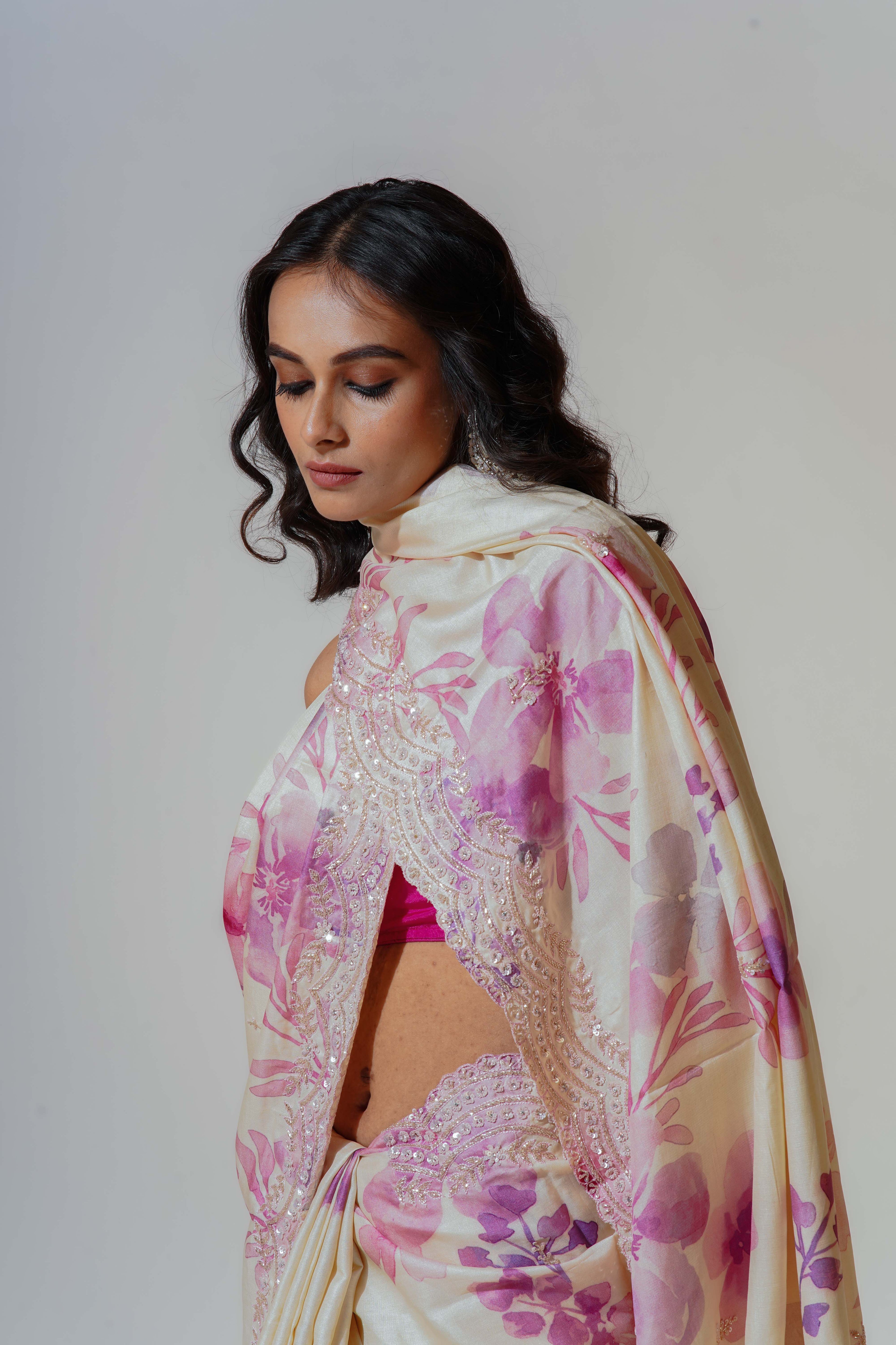 White Tussar Digital Zardosi Work Saree With Blouse Piece