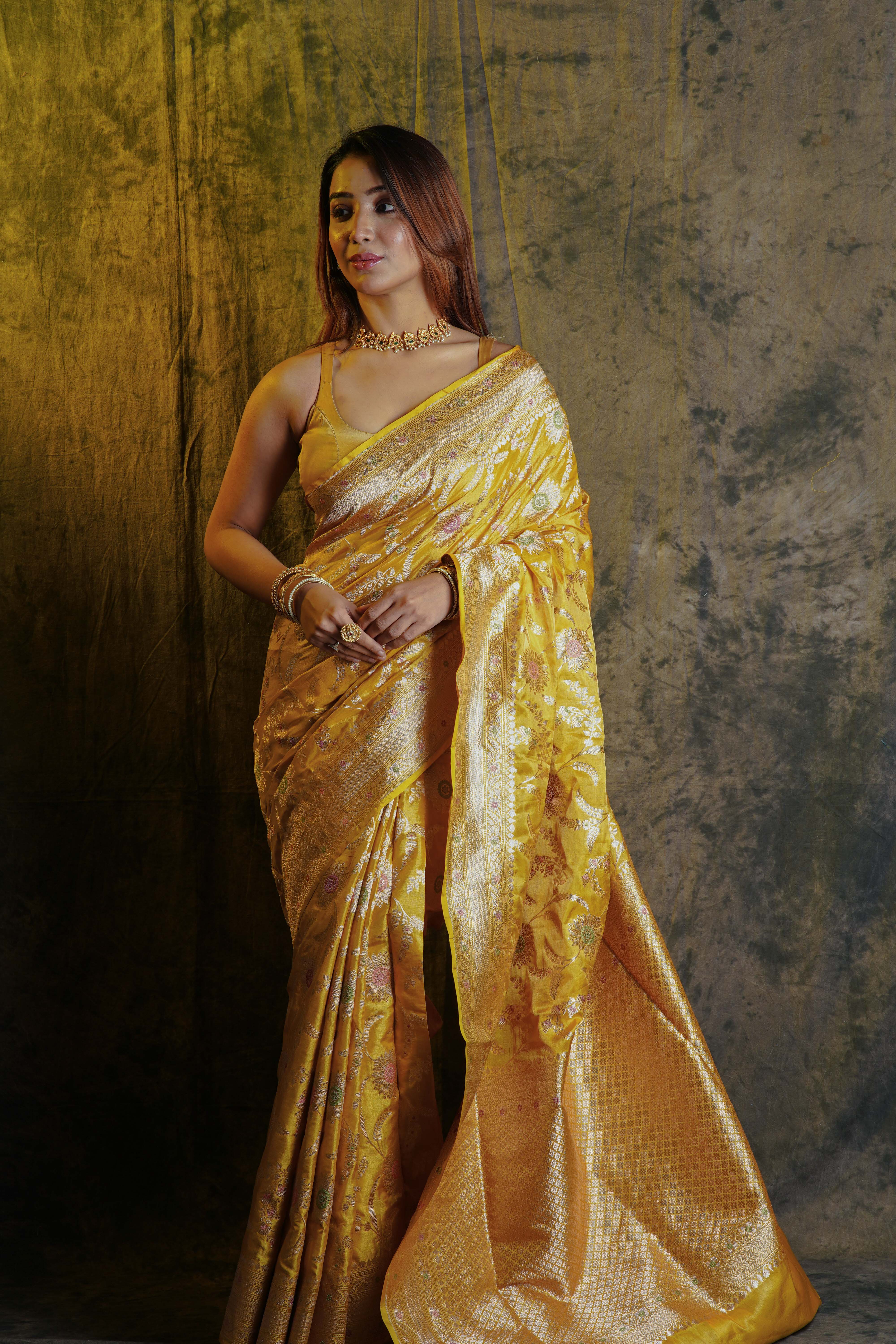 Golden Yellow Katan Silk Banarasi Saree With Blouse Piece