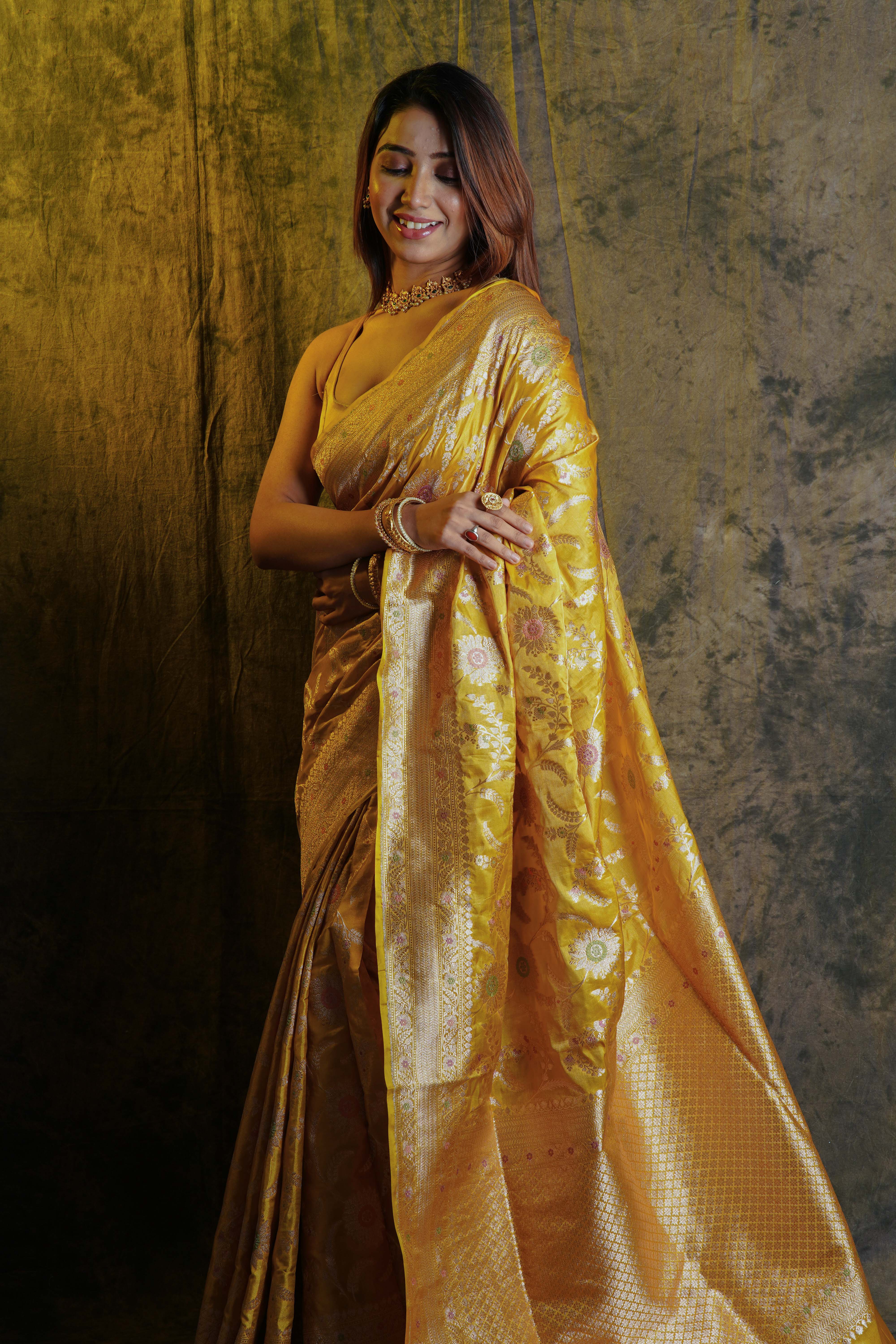Golden Yellow Katan Silk Banarasi Saree With Blouse Piece