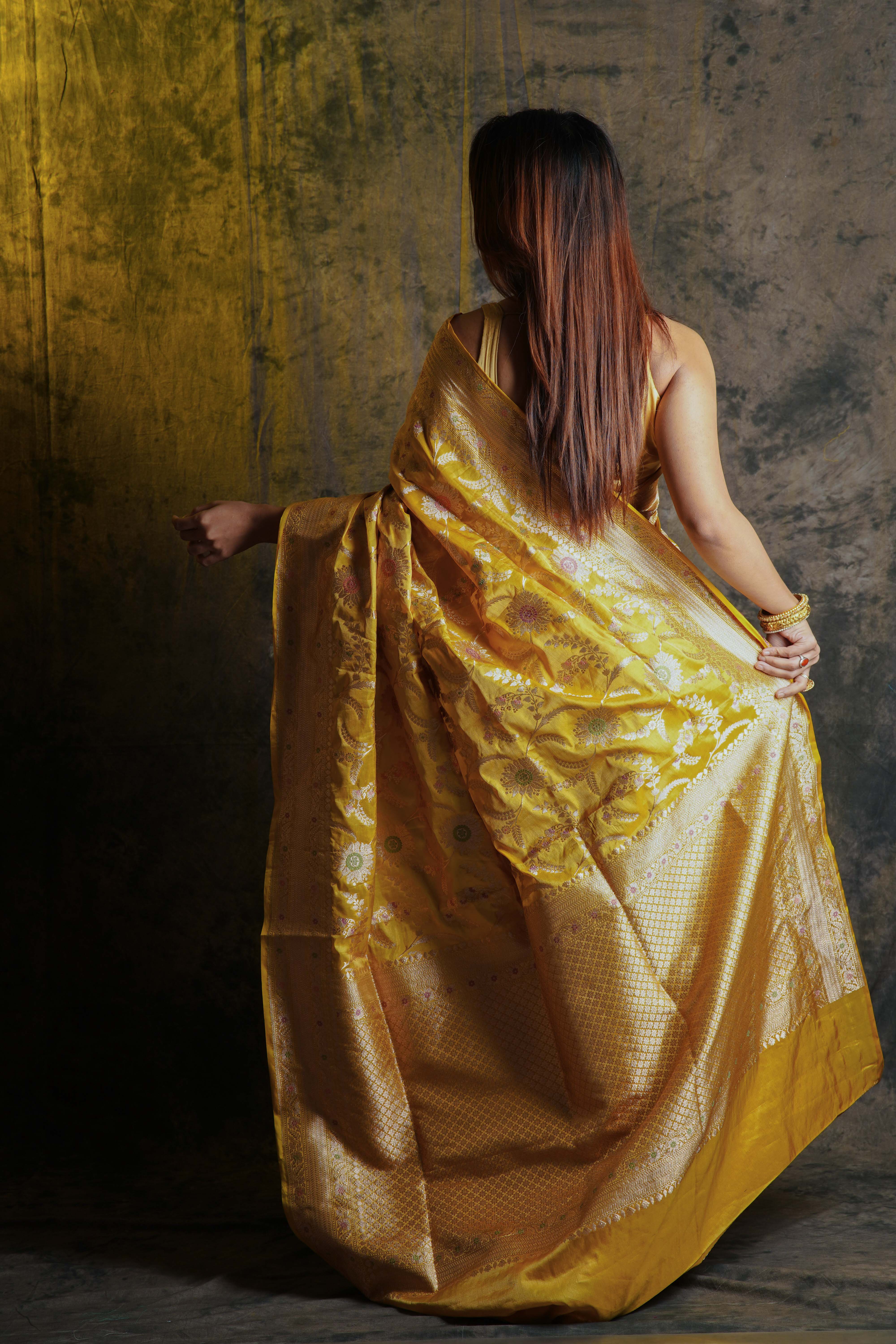Golden Yellow Katan Silk Banarasi Saree With Blouse Piece