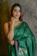 Bottle Green Tussar  Saree With Blouse Piece