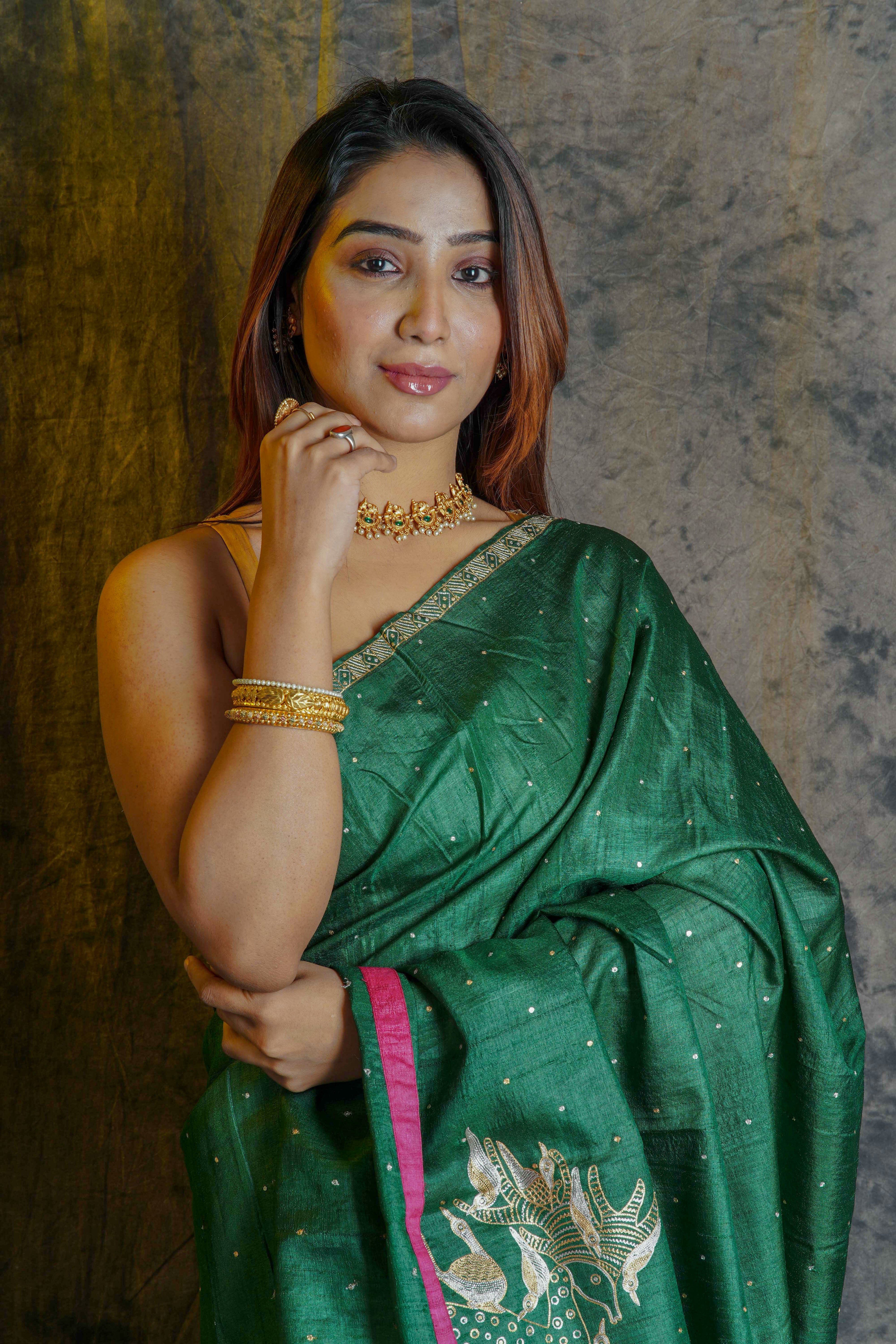 Bottle Green Tussar  Saree With Blouse Piece