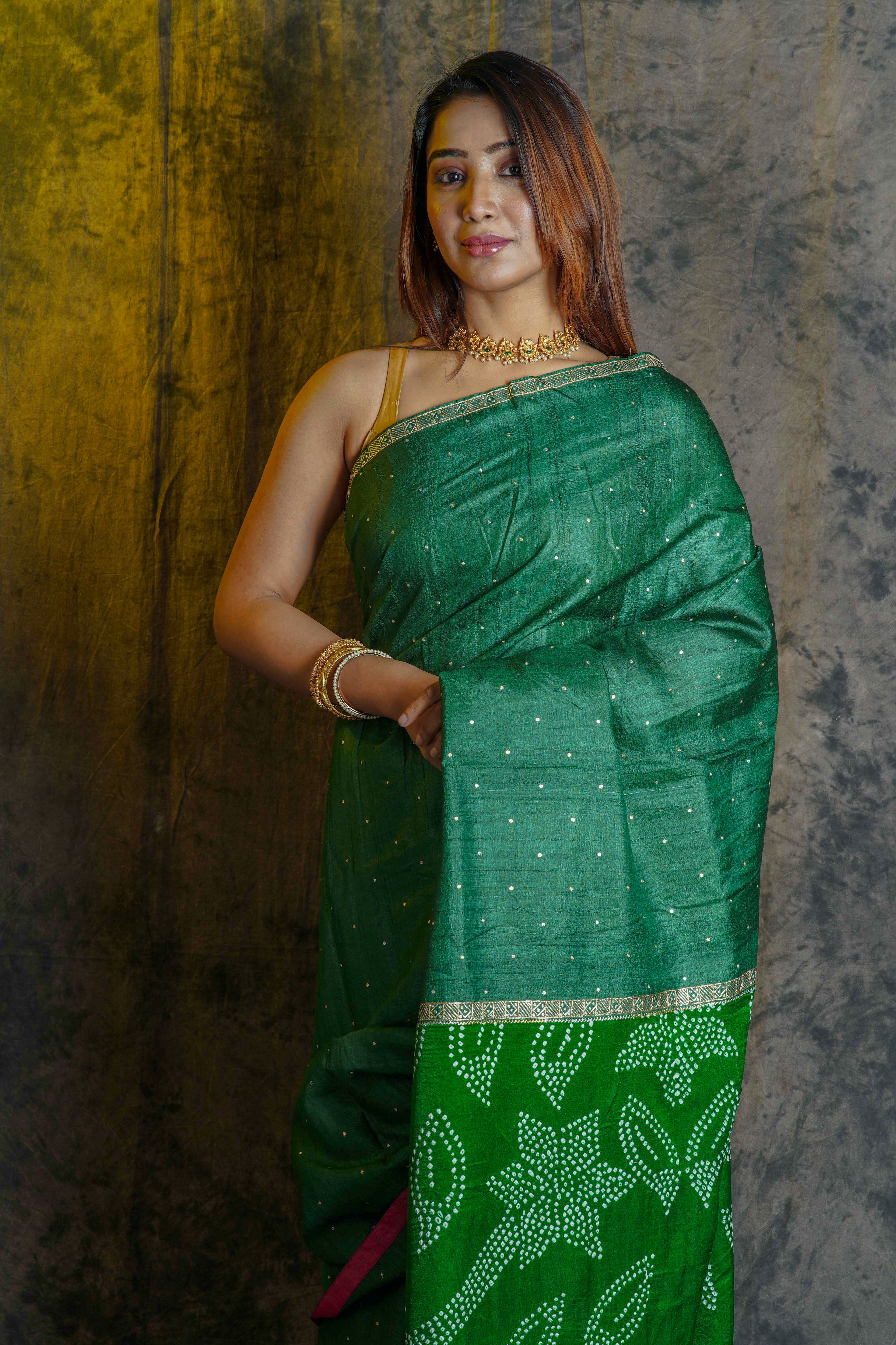 Bottle Green Tussar  Saree With Blouse Piece